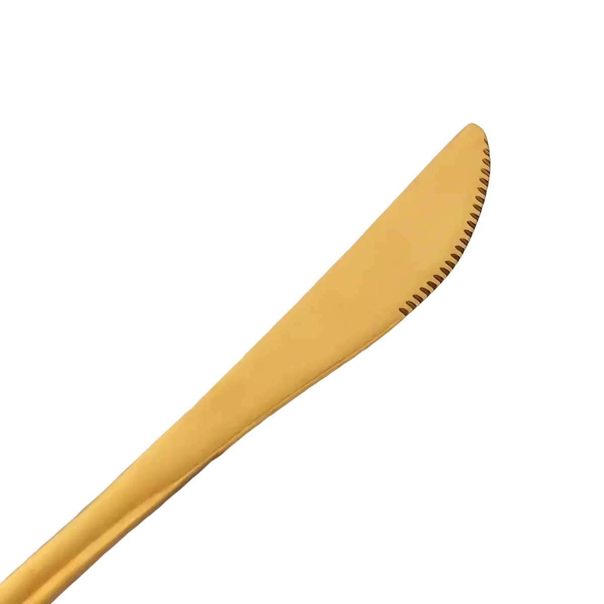 Gold steak knife with a sleek polished finish, serrated edge, stainless steel blade in a 12 piece set