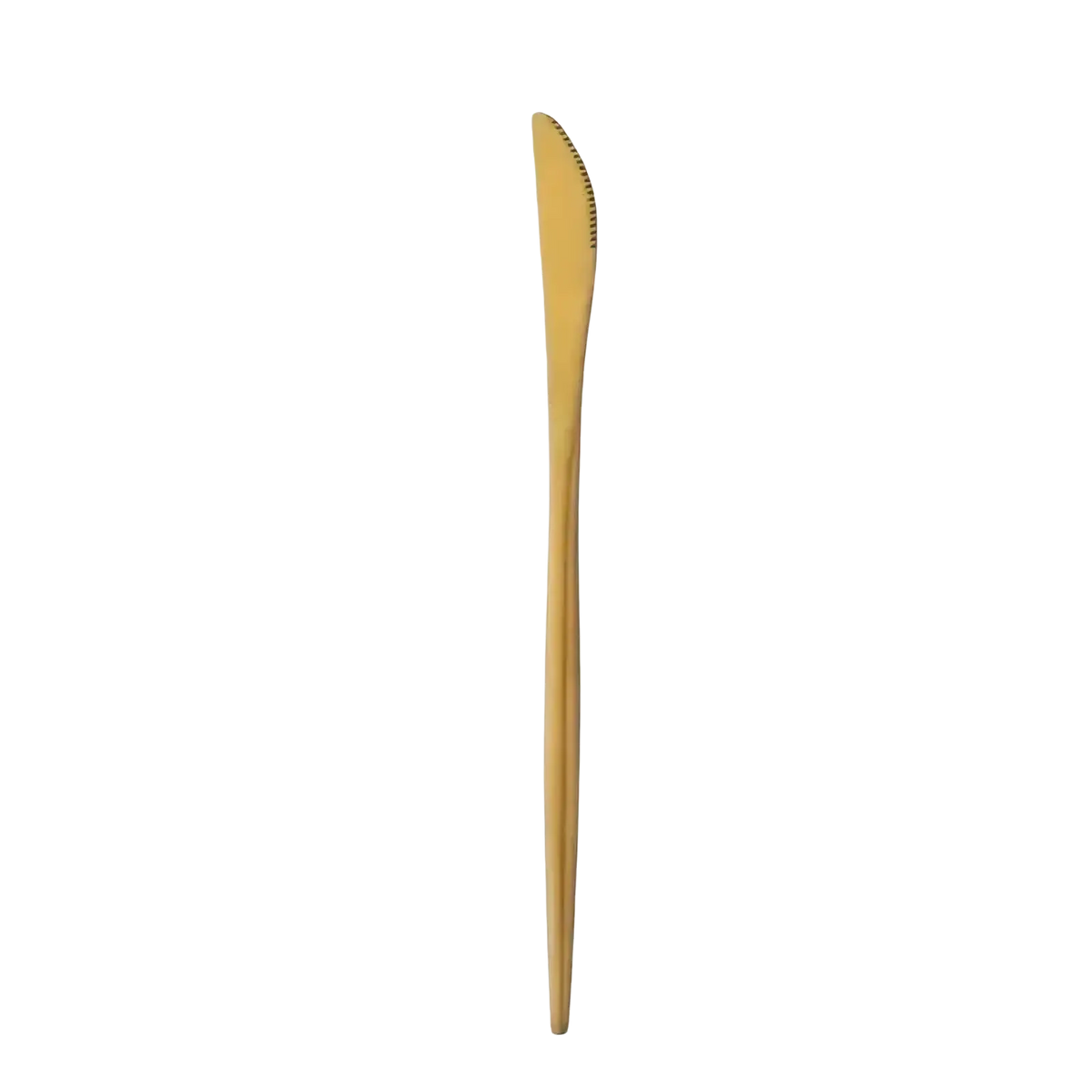 Gold-colored plastic disposable knife with serrated edge from the gold steak knives 12 piece stainless steel set