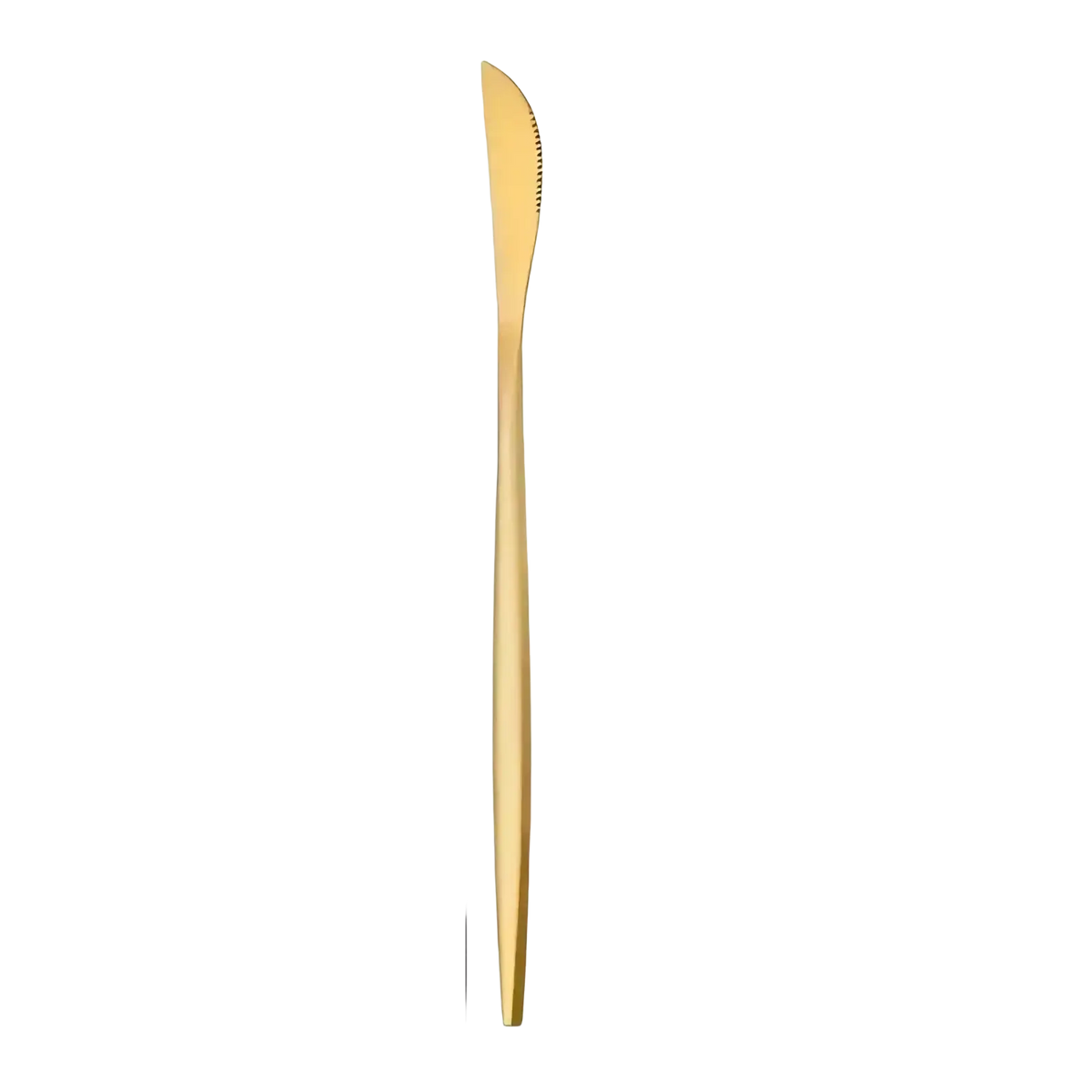 Gold steak knife from 12 piece stainless steel set featuring a sleek metal serrated blade and tapered handle