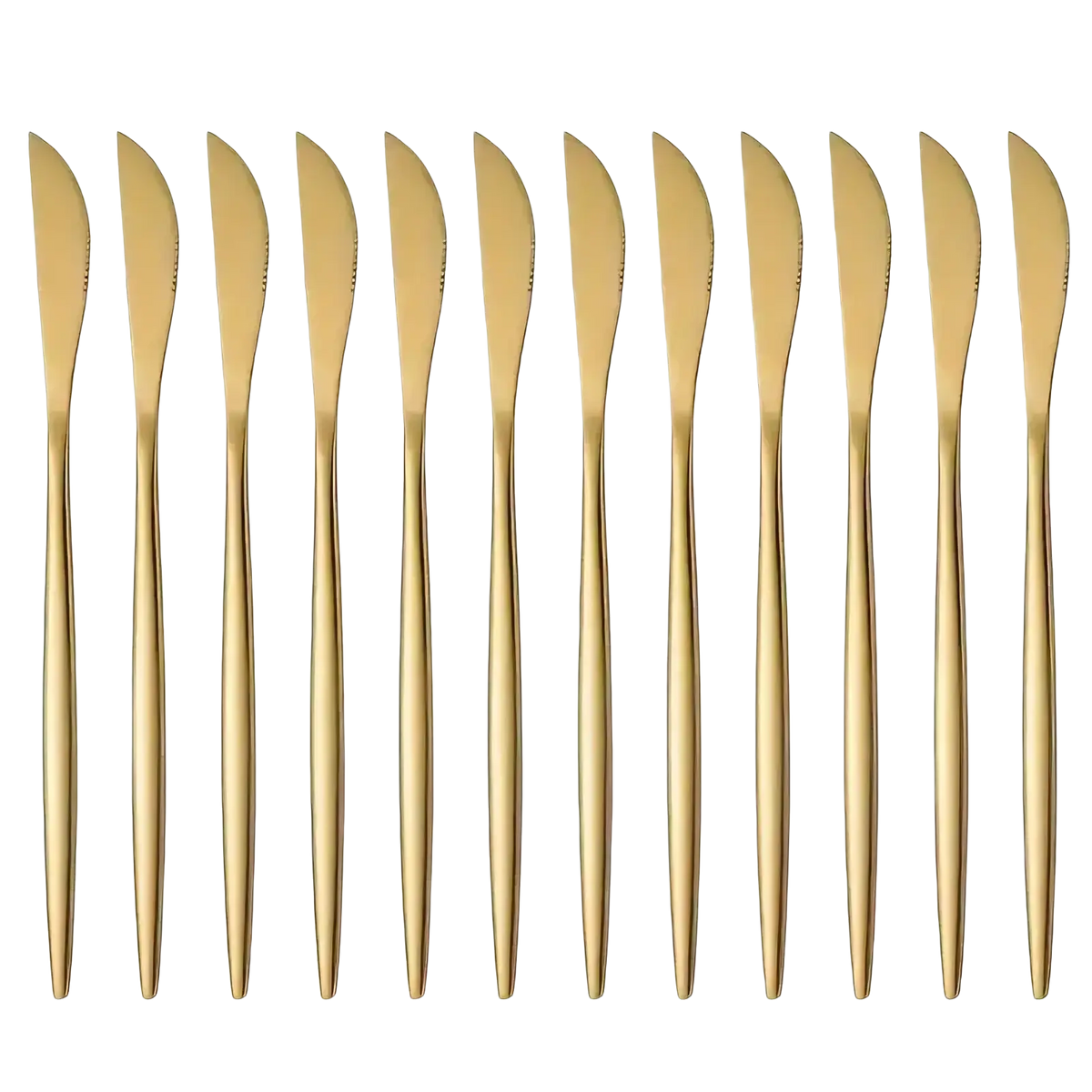 Set of twelve gold-finished stainless steel butter knives with sleek modern minimalist design from gold steak knives set
