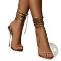 Gold-toned strappy high-heeled sandals with intricate ankle-wrap lacing in gold stiletto style