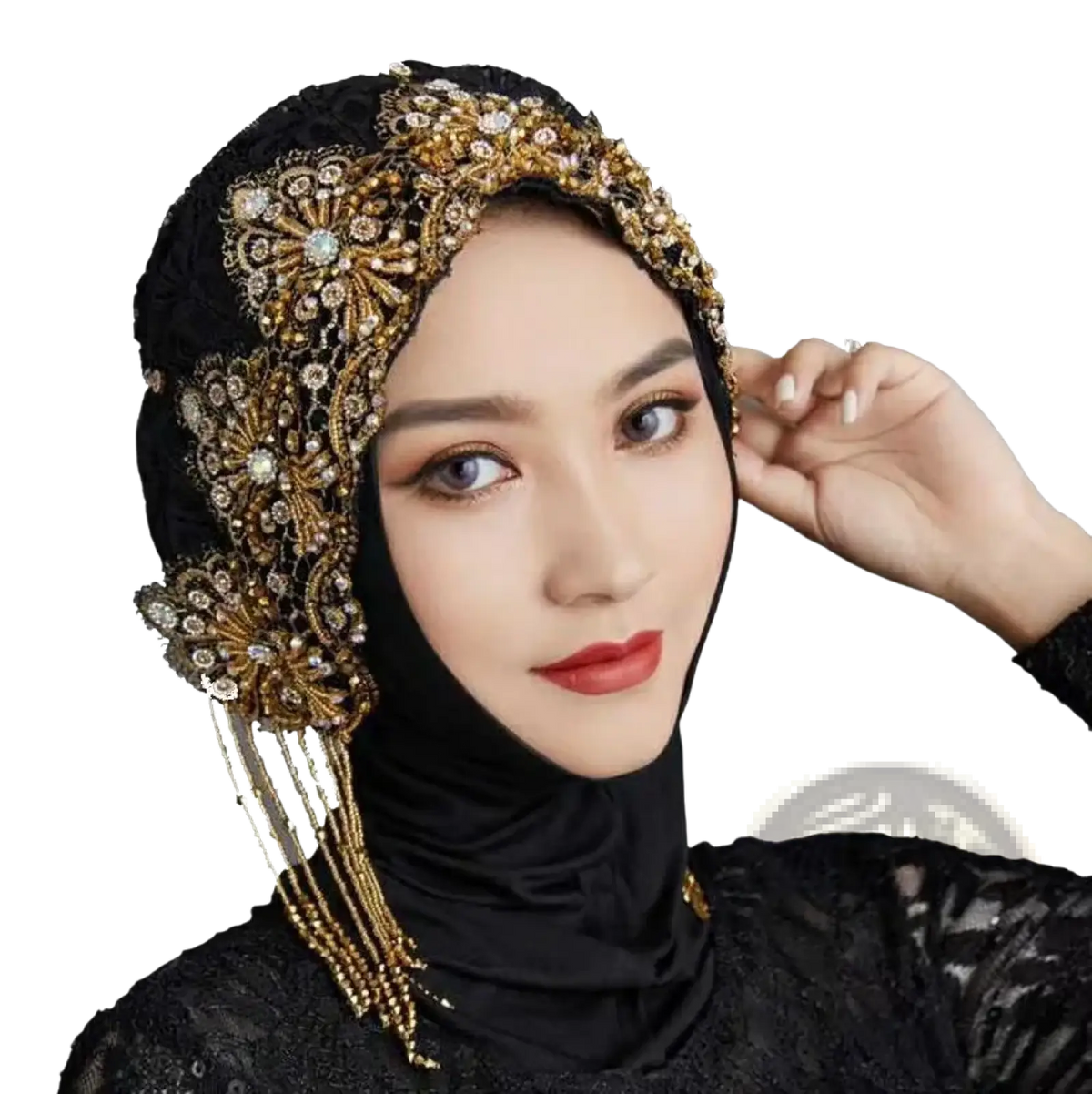 Black hijab turban hat with intricate gold beading crystal embellishments and cascading tassels draped design