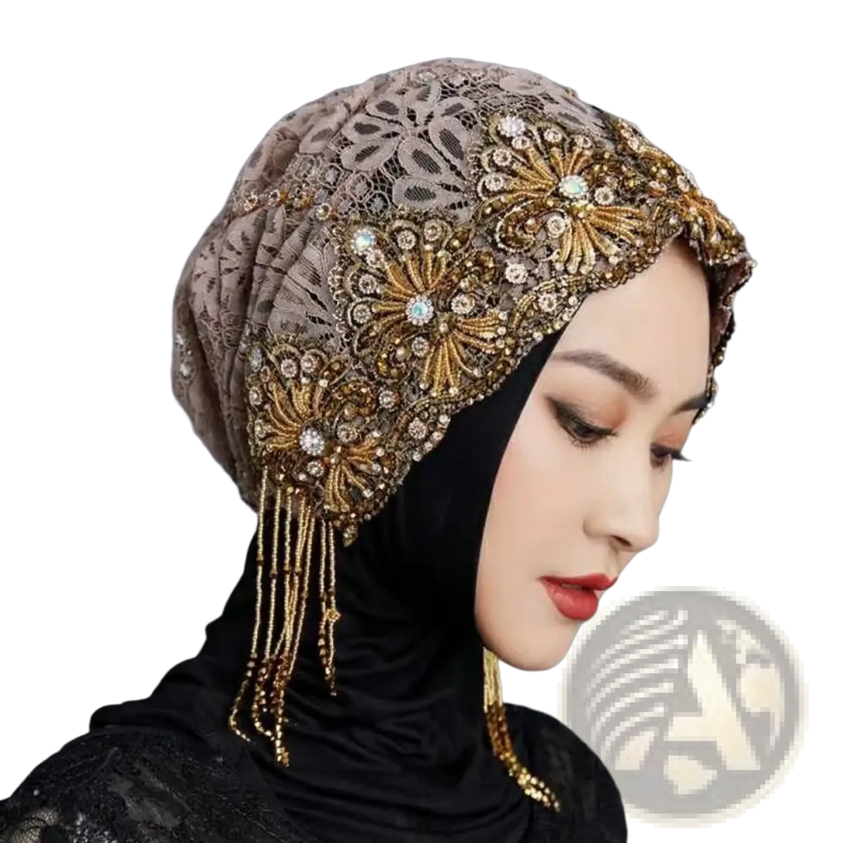 Elegant taupe lace gold tassel draped turban hat with intricate gold beading crystal flowers and dangling tassels