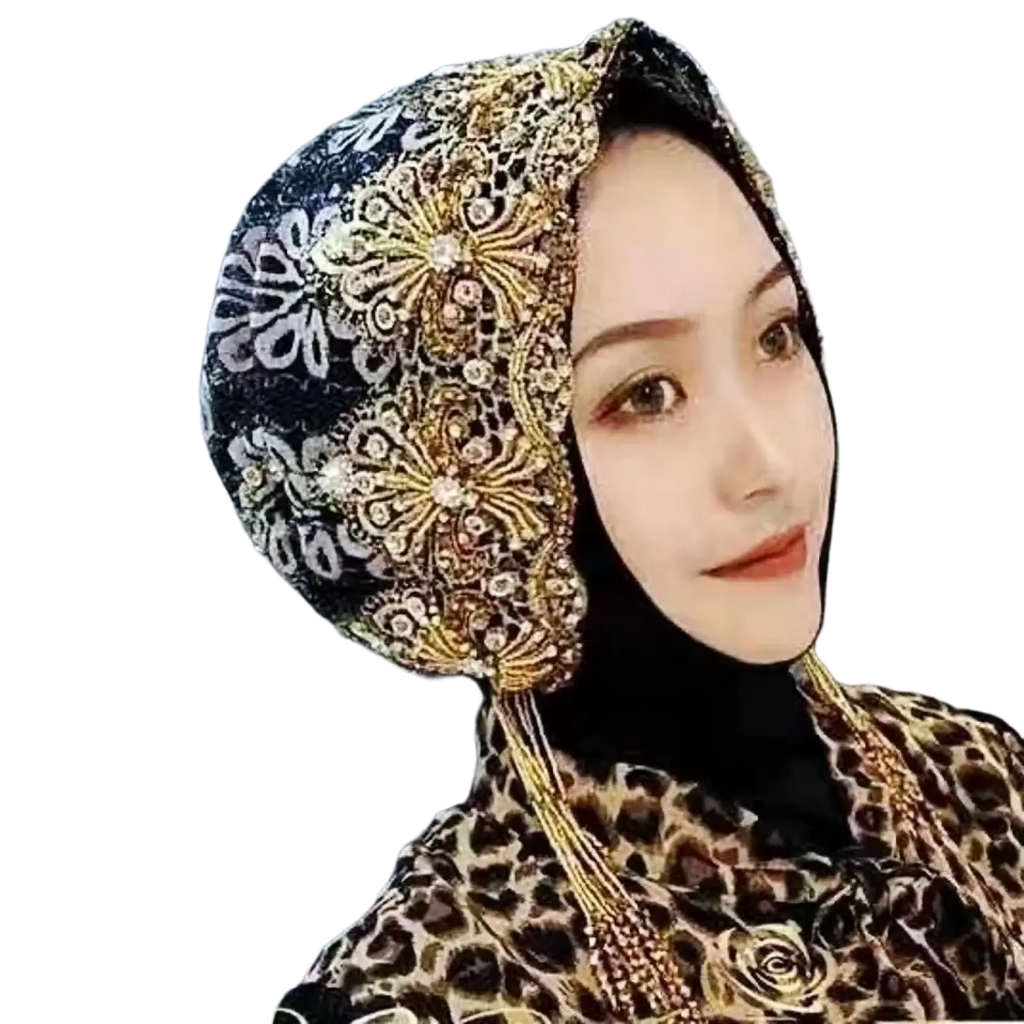Elegant black and gold beaded gold tassel draped turban hat with intricate floral embroidery on a hijab fabric