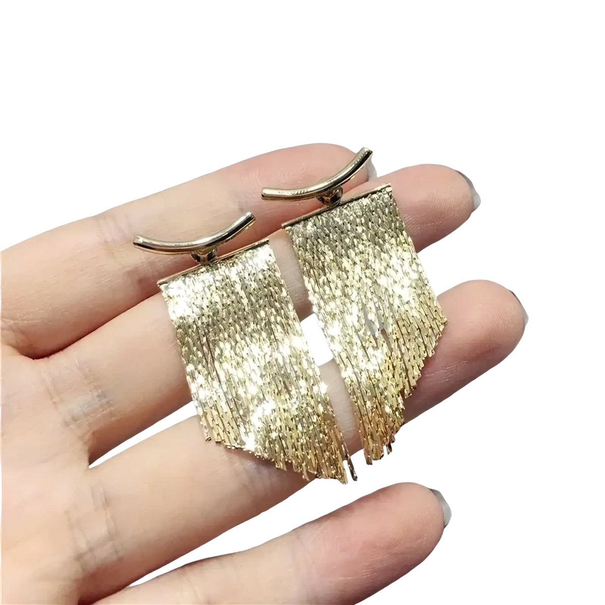 Gold tassel fringe statement earrings with shimmering gold color textured metallic finish and curved hooks
