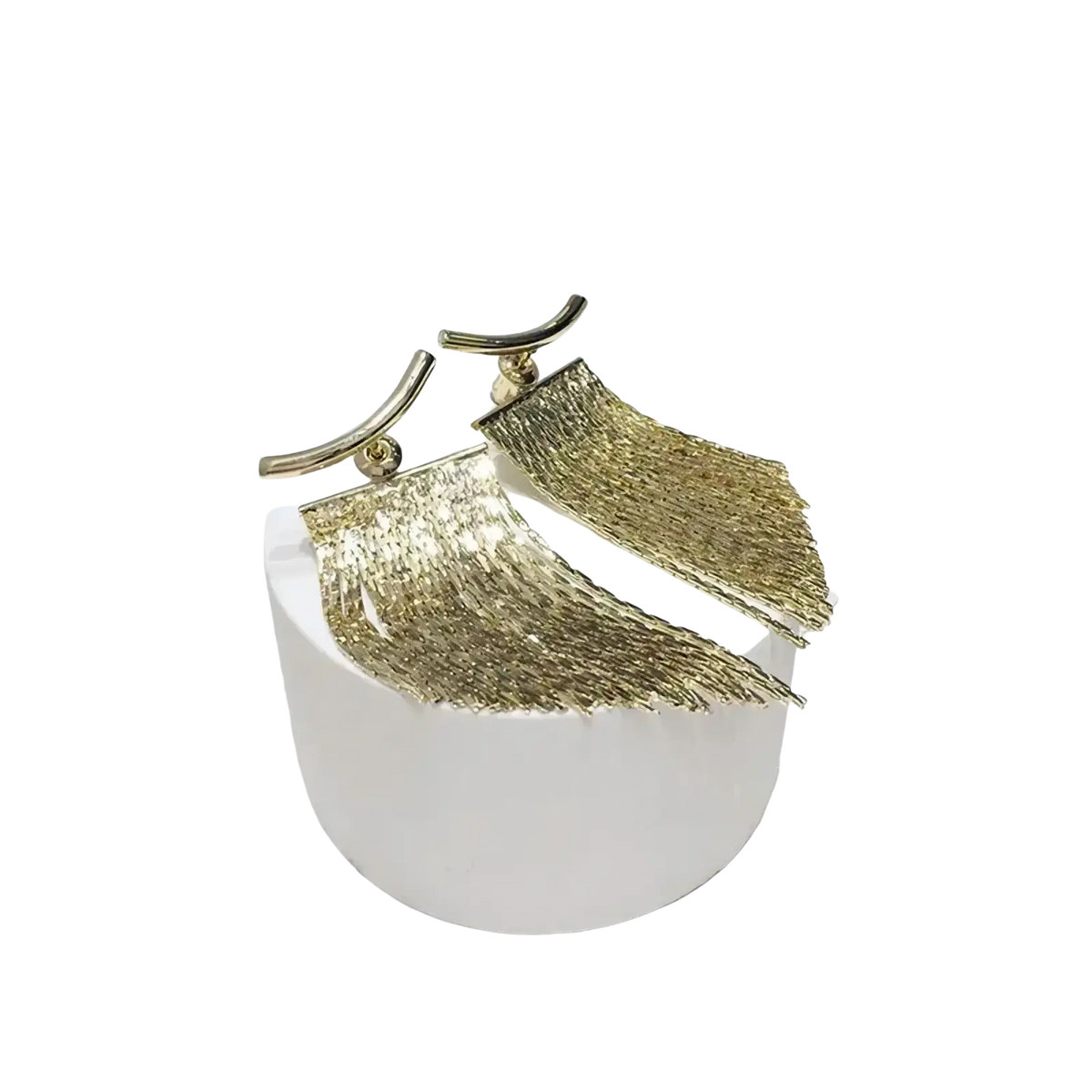 Gold tassel fringe statement earrings with gold-colored metallic cascading tassels and sleek curved tops