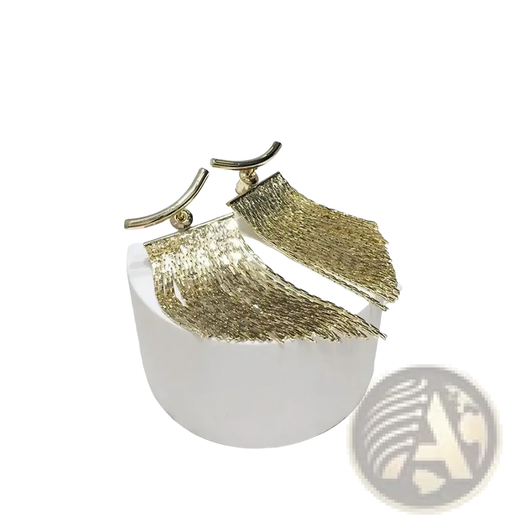 Gold tassel fringe statement earrings with gold-colored metallic cascading tassels and sleek curved tops