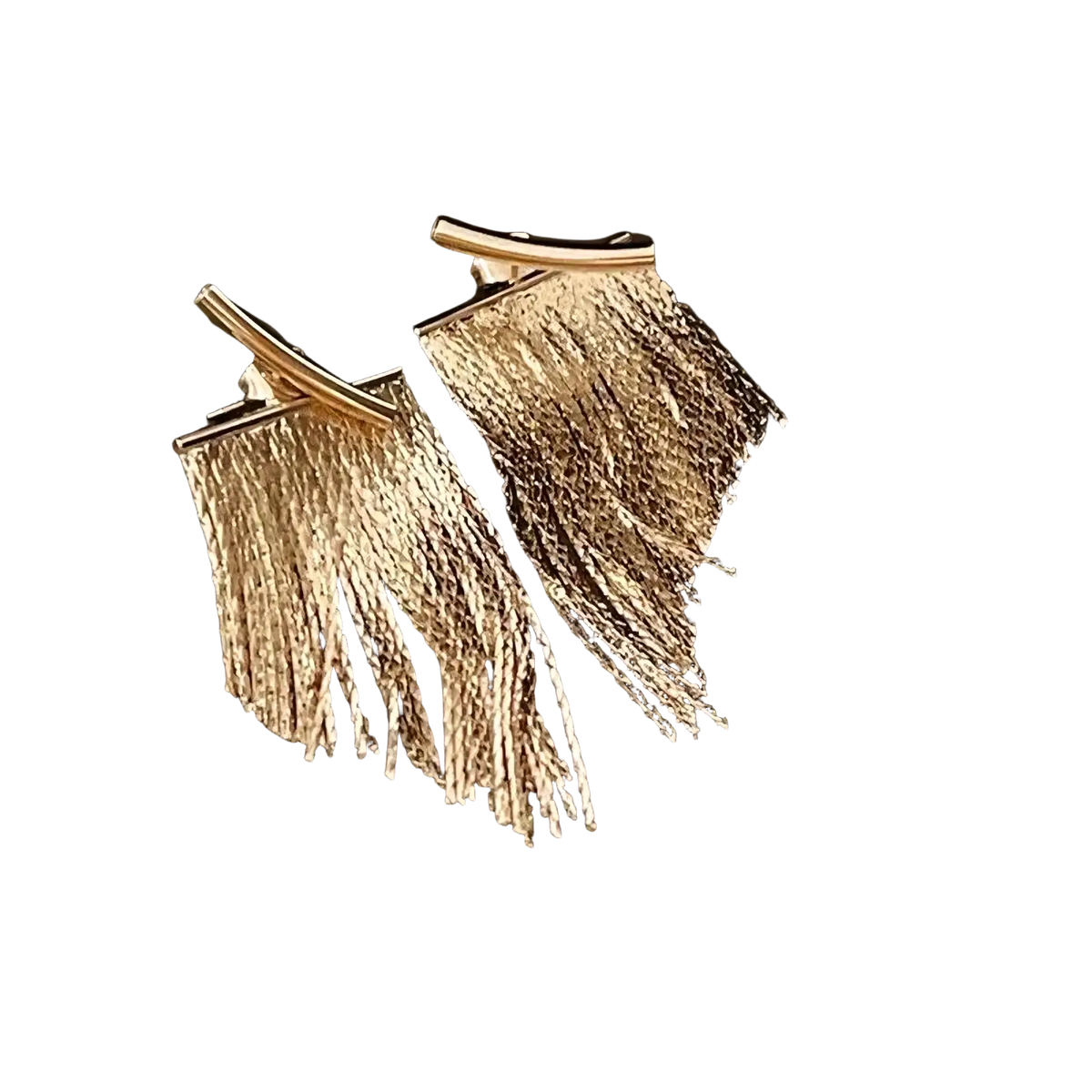 Gold tassel fringe statement earrings featuring gold-toned delicate metallic threads cascading from a curved bar