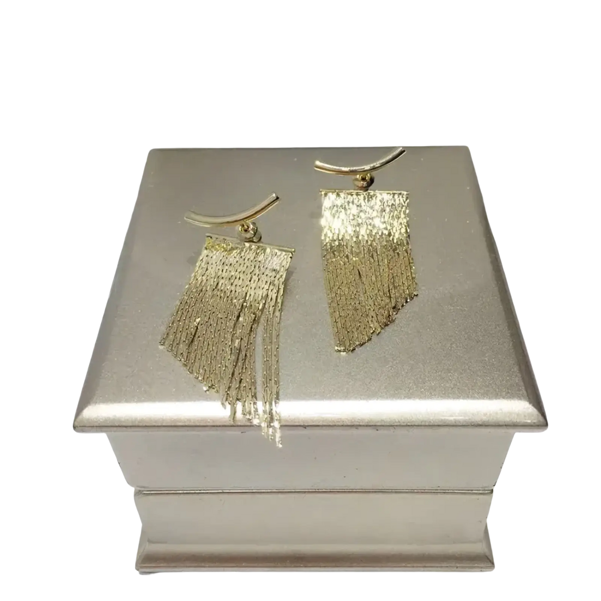 Gold tassel fringe statement earrings with gold-toned textured metallic finish and delicate chain detailing