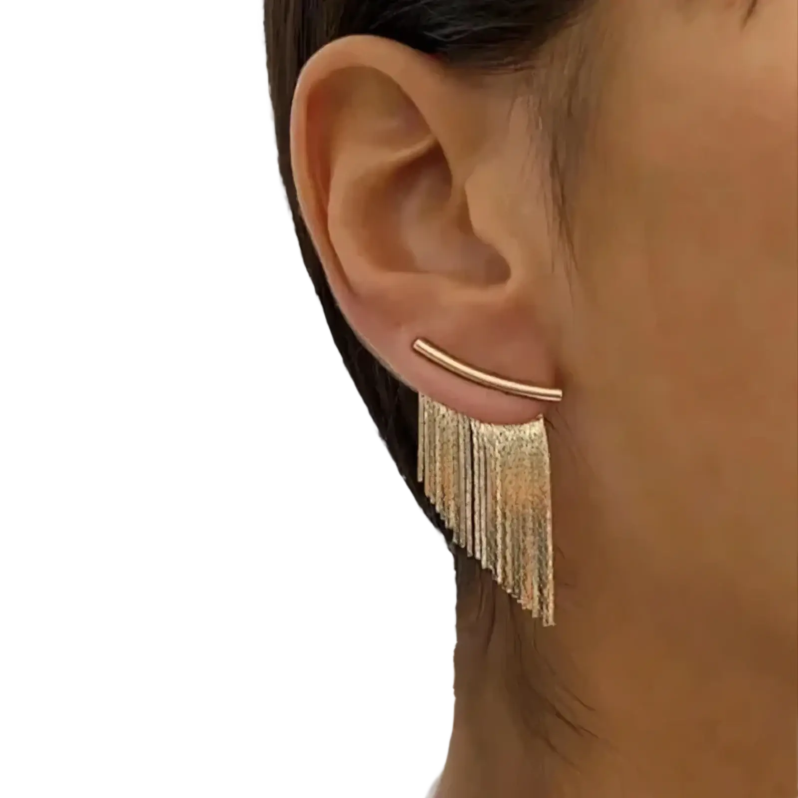 Gold tassel fringe statement earrings featuring a gold-toned curved bar with dangling metallic tassels