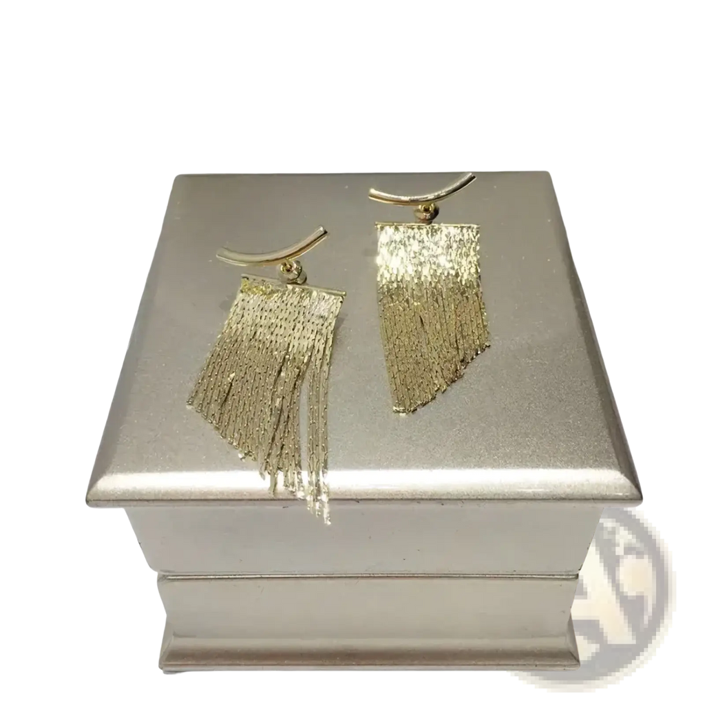 Gold tassel fringe statement earrings with gold-toned textured metallic finish and delicate chain detailing