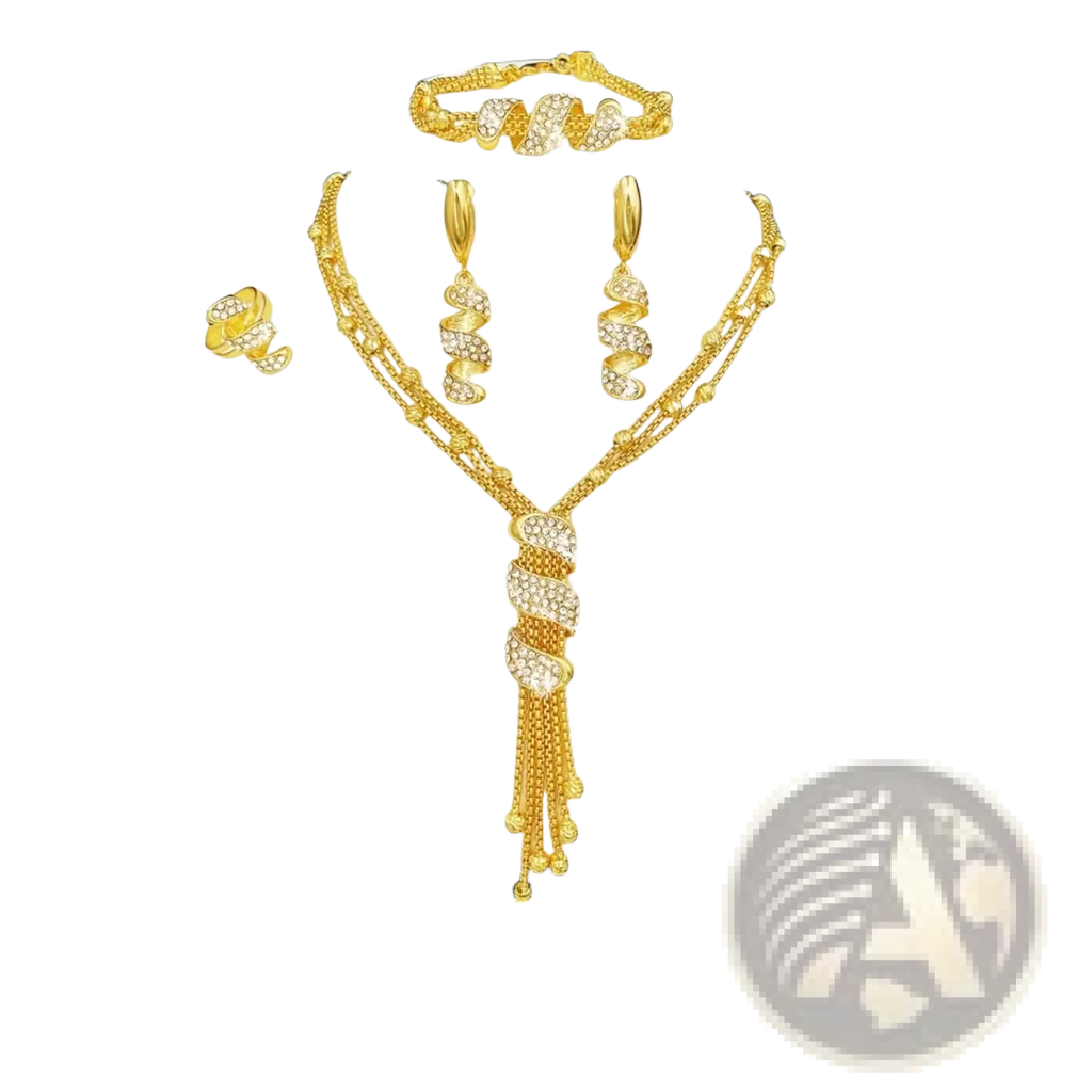 Gold tassel jewelry set for women featuring gold-colored necklace with cascading chains and crystal spiral designs with matching bracelet earrings and ring