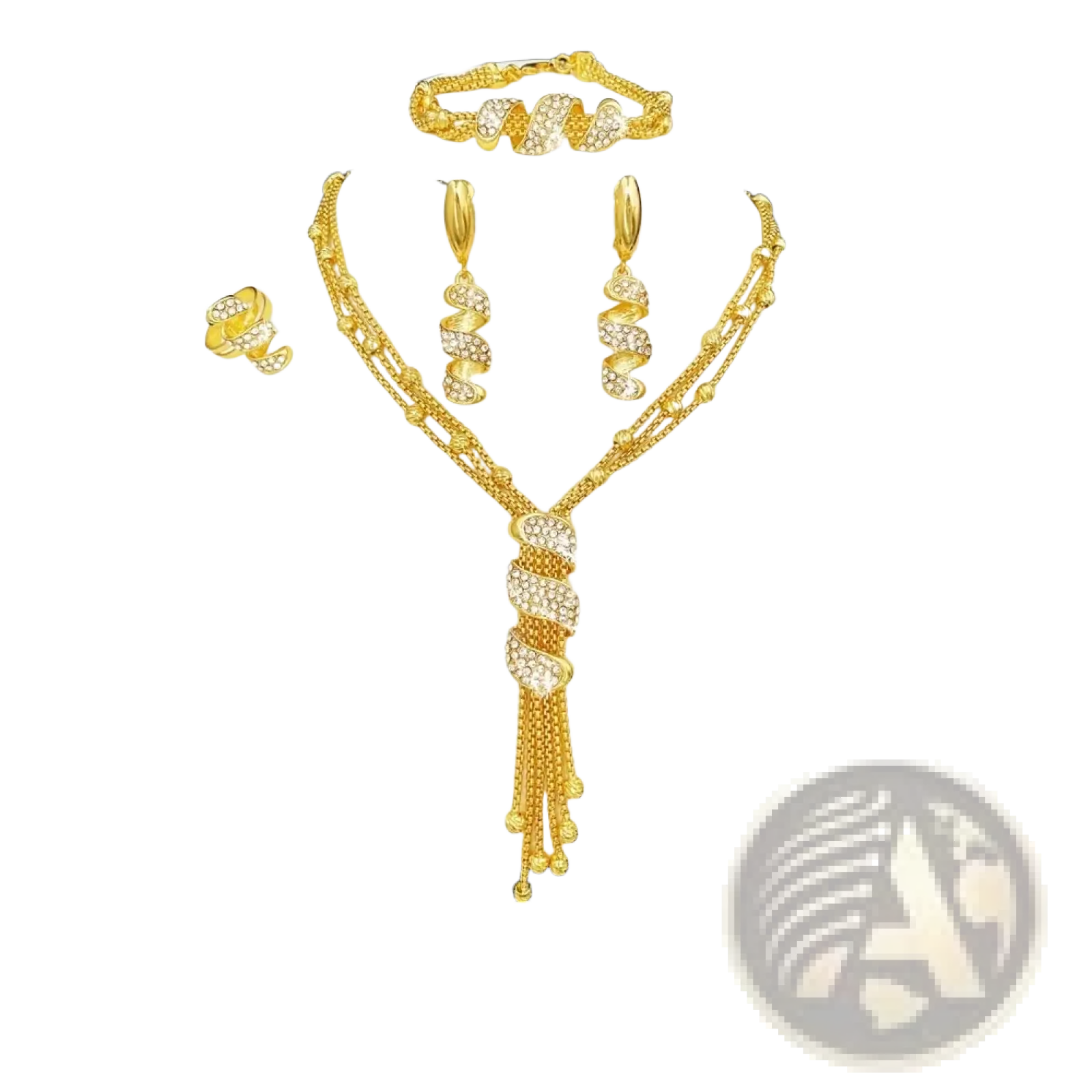 Gold tassel jewelry set for women featuring gold-colored necklace with cascading chains and crystal spiral designs with matching bracelet earrings and ring