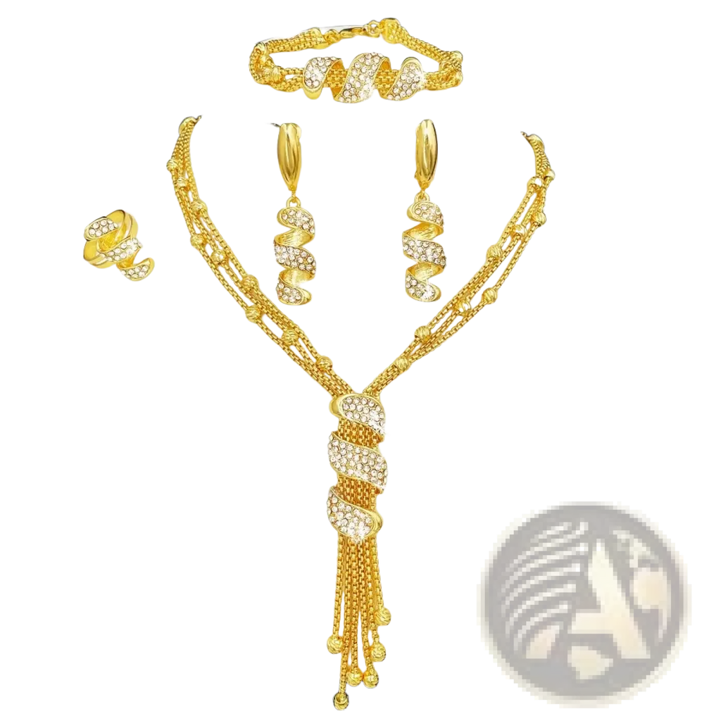 Gold tassel jewelry set for women featuring gold-toned twisted designs with sparkling clear rhinestones