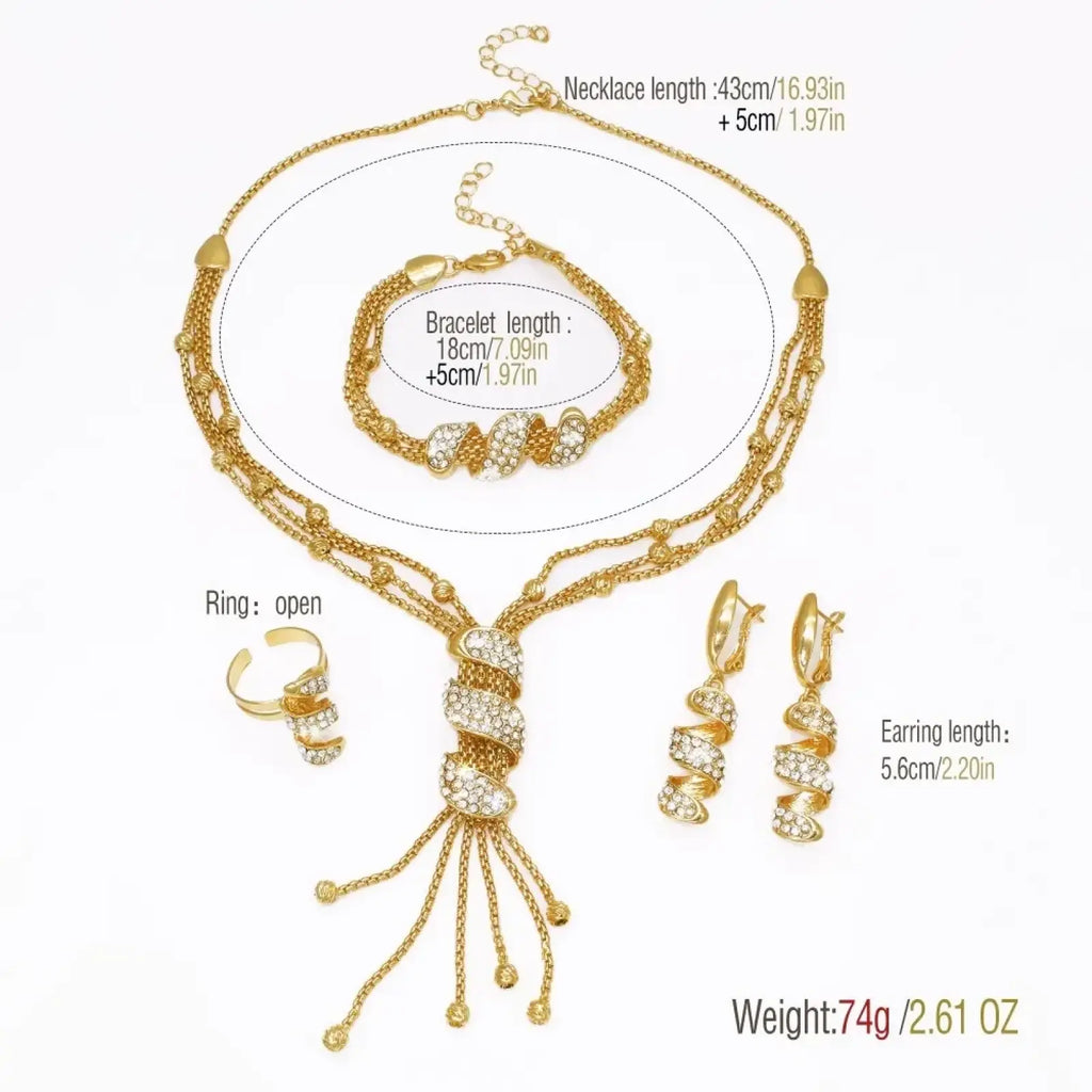 Gold tassel jewelry set for women featuring gold-toned necklace with multiple chains, crystal accents, and dangling tassels