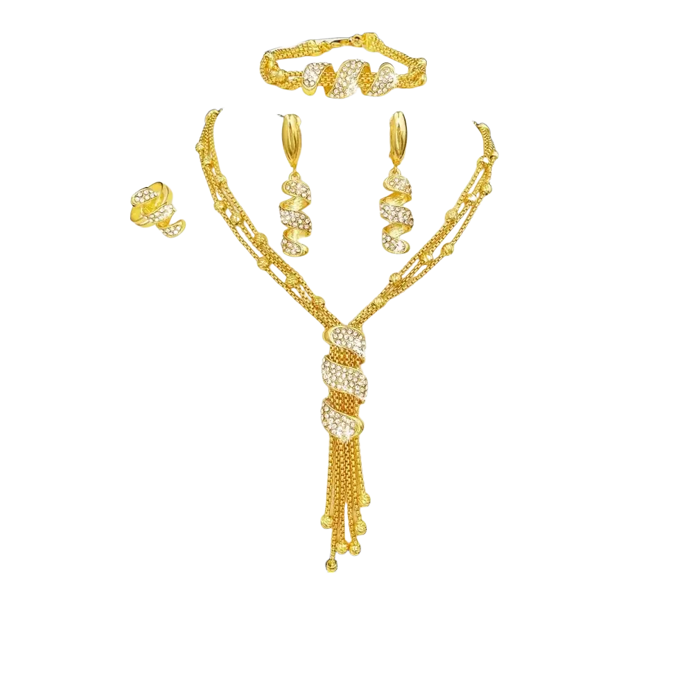 Gold tassel jewelry set for women featuring gold-colored necklace with cascading chains and crystal spiral designs with matching bracelet earrings and ring