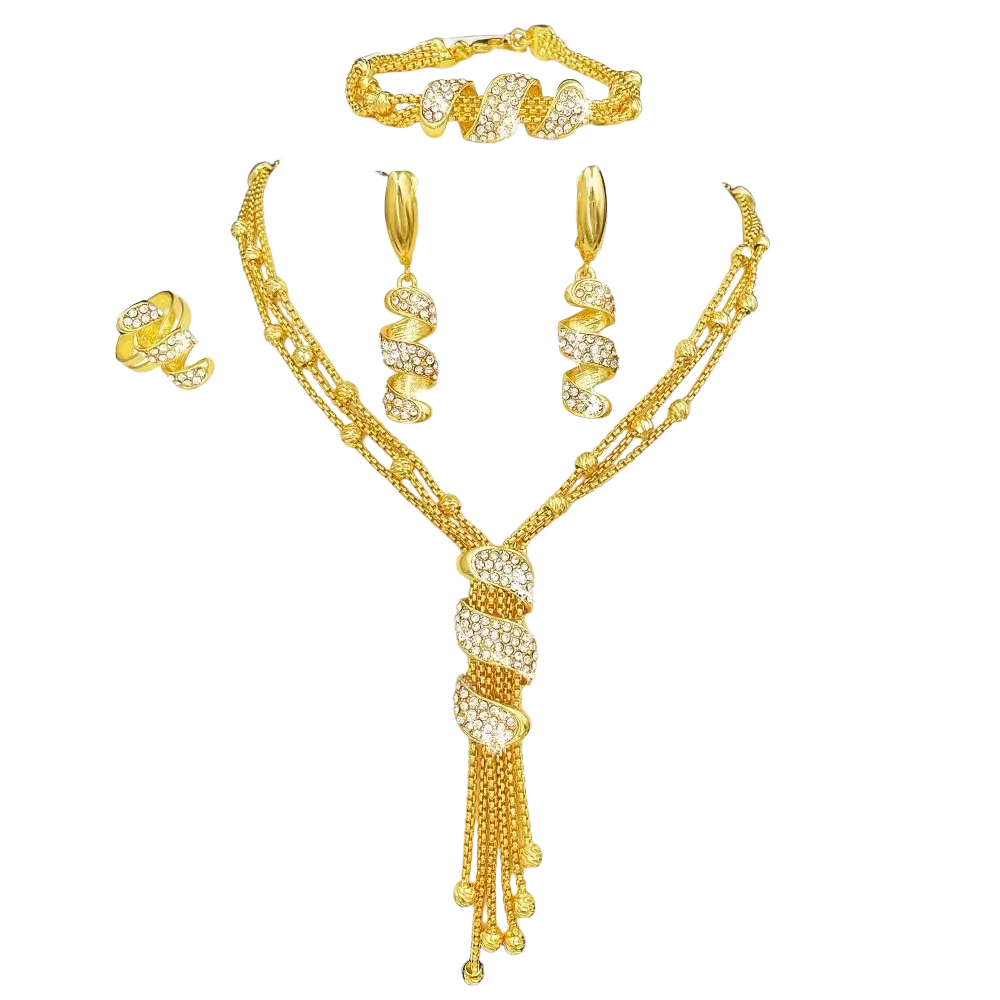 Gold tassel jewelry set for women featuring gold-toned twisted designs with sparkling clear rhinestones
