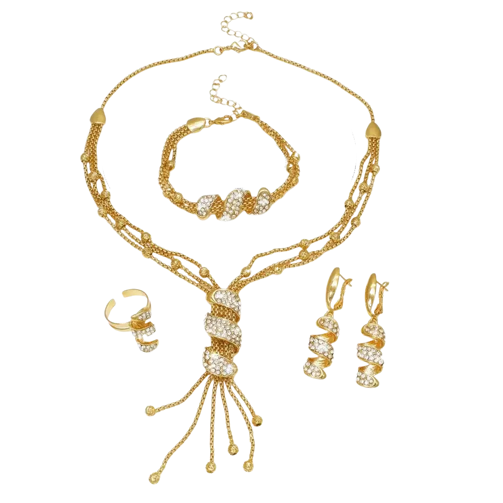 Gold tassel jewelry set for women featuring gold-toned necklace with multiple chains, crystal accents, and dangling tassels