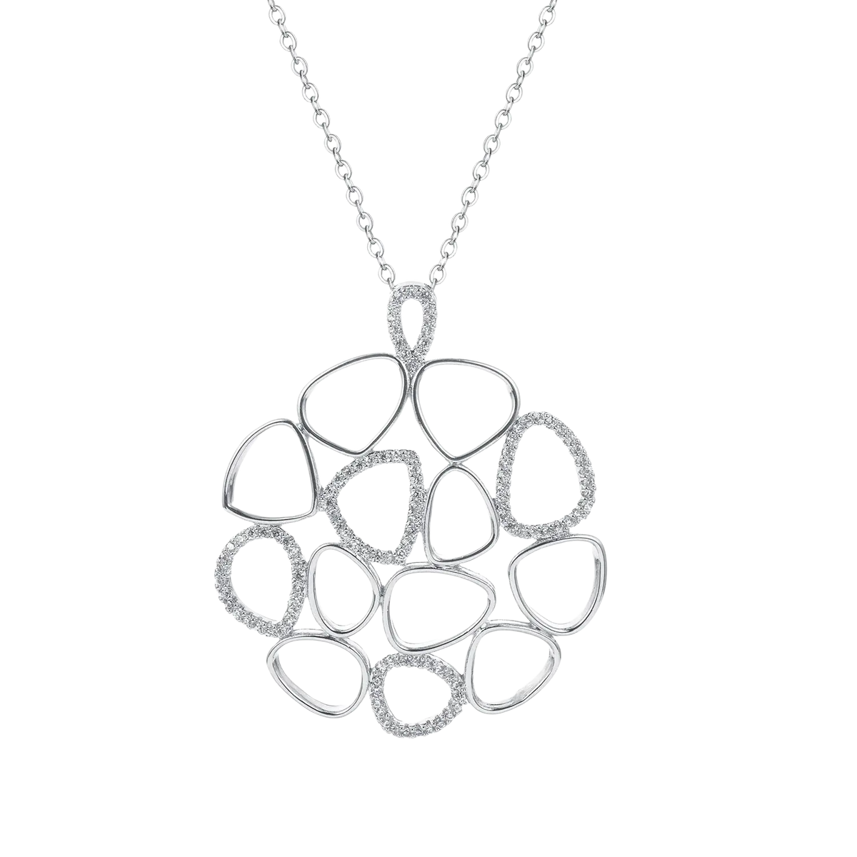 Silver pendant necklace with intricate openwork teardrop design and sparkling diamond accents for women