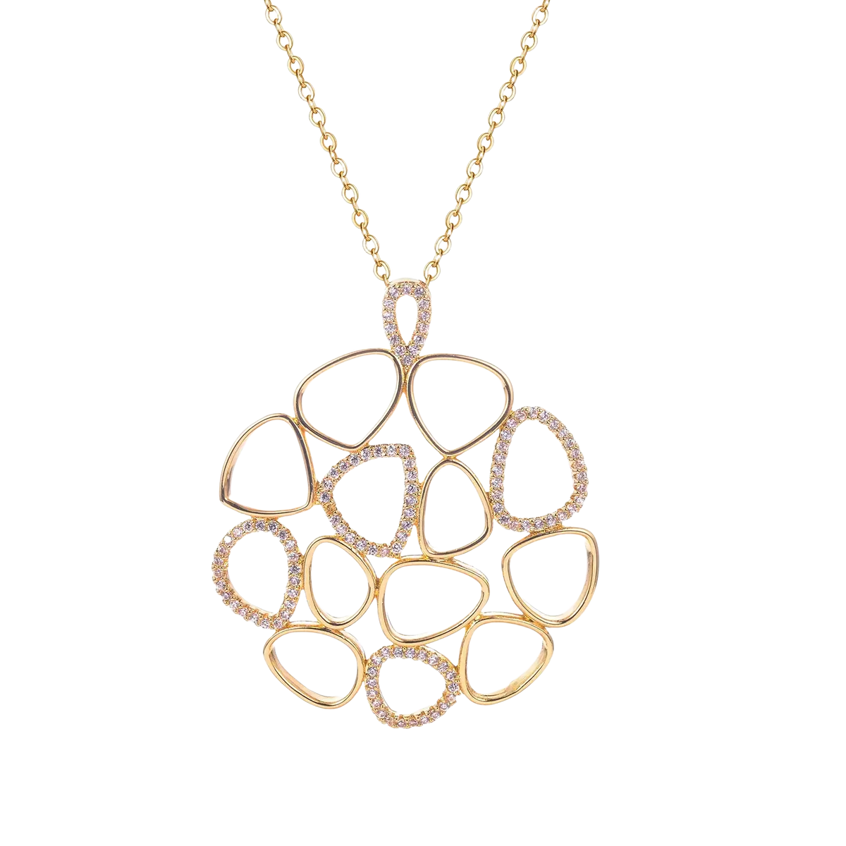 Gold teardrop pendant necklace for women featuring a gold-toned openwork design with pavé-set sparkling stones