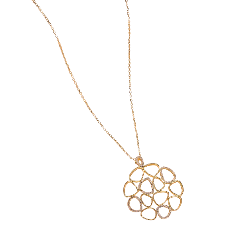 Gold teardrop pendant necklace for women with a gold-toned delicate openwork floral pendant and clear sparkling stones