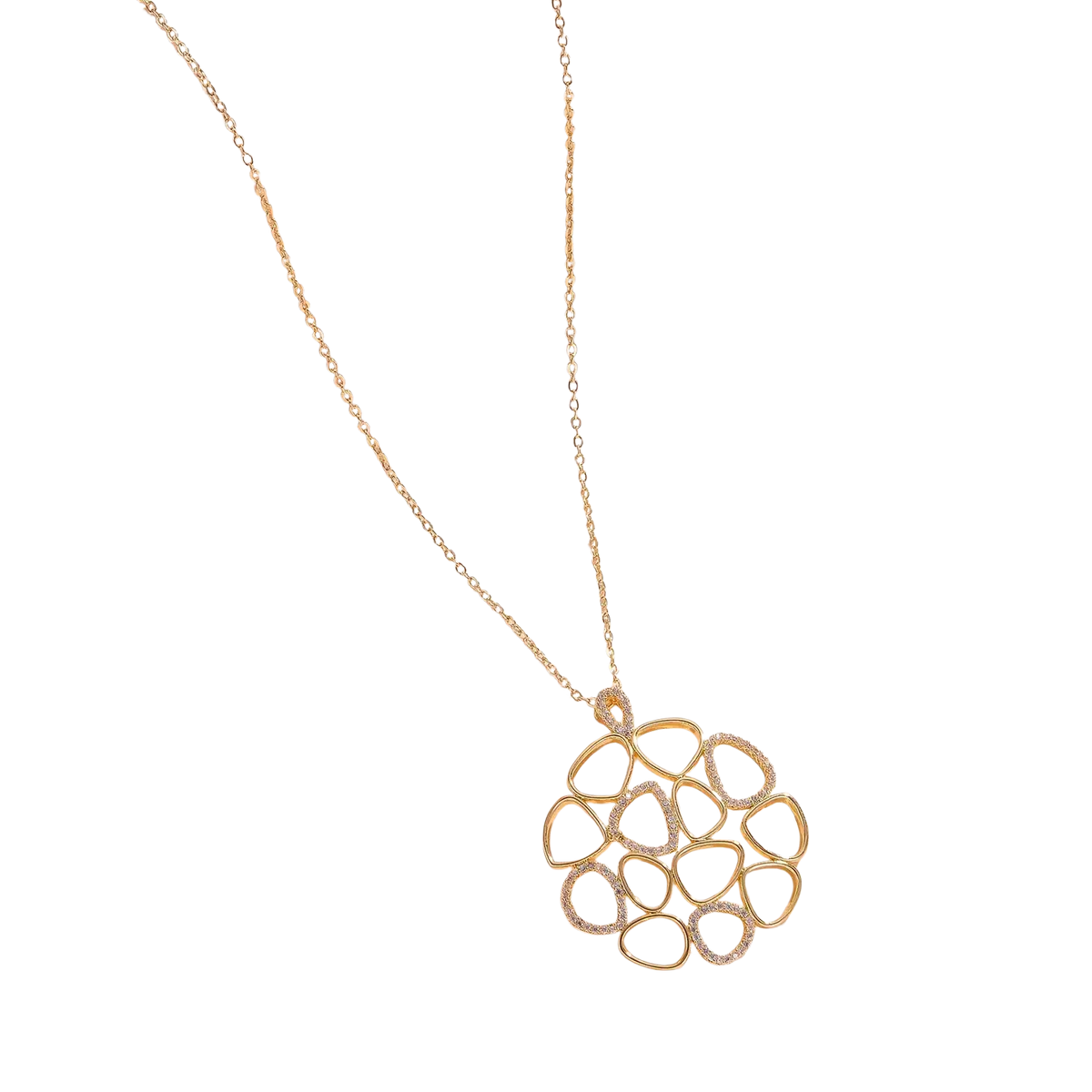 Gold teardrop pendant necklace for women with a gold-toned delicate openwork floral pendant and clear sparkling stones