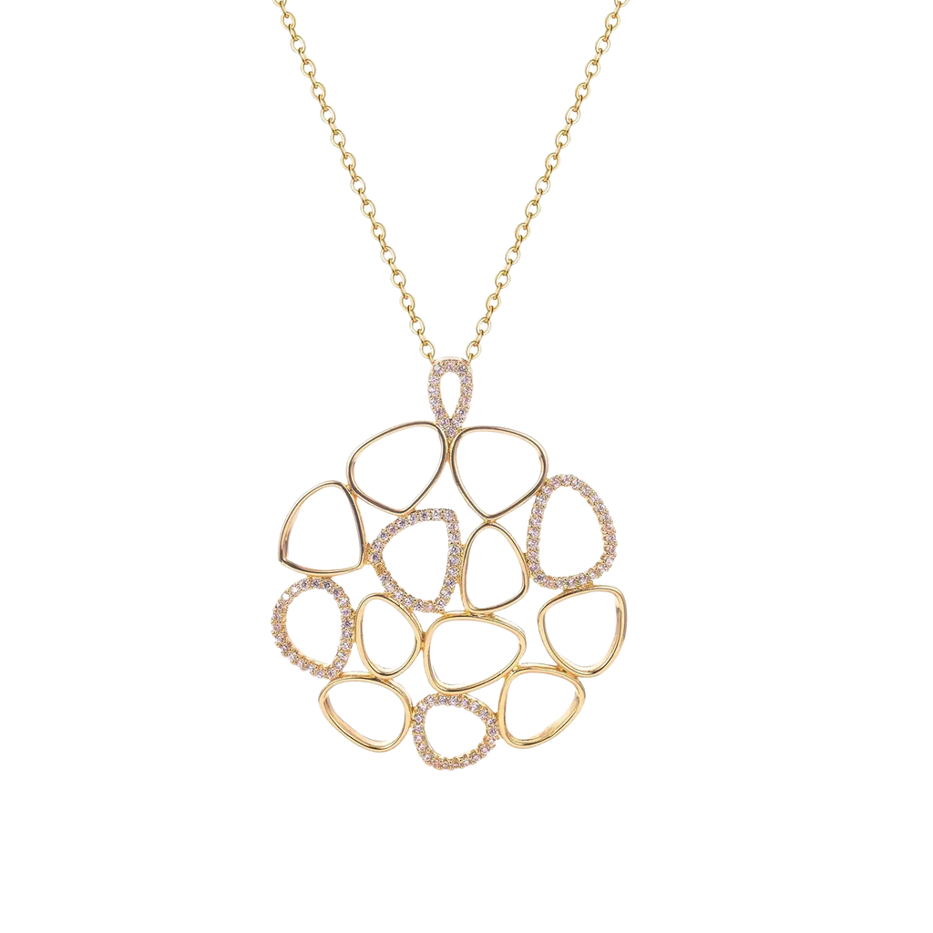 Gold teardrop pendant necklace for women featuring a gold-toned delicate openwork design with pink crystals