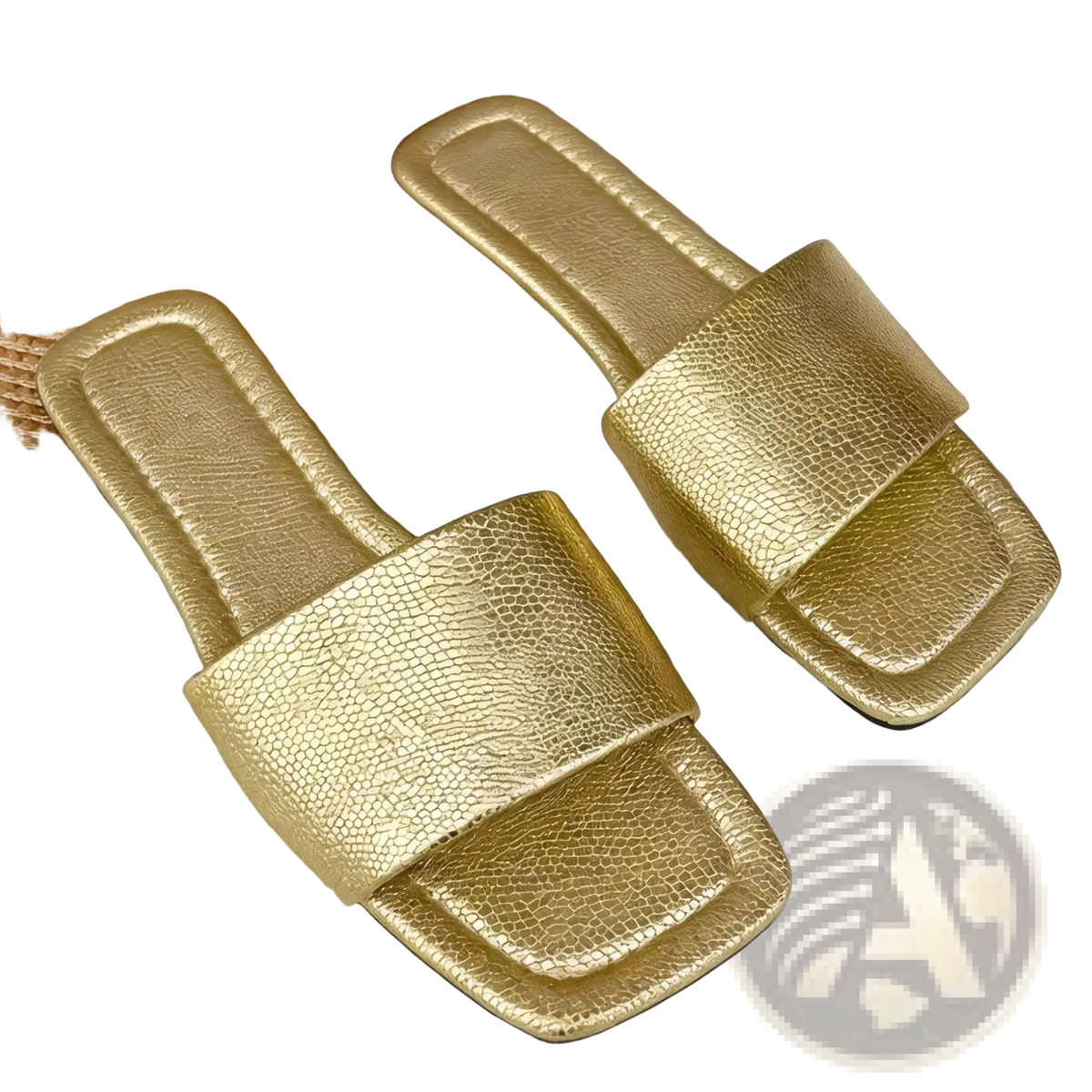 Gold textured leather slide sandals with a square toe design and flat sole for casual wear