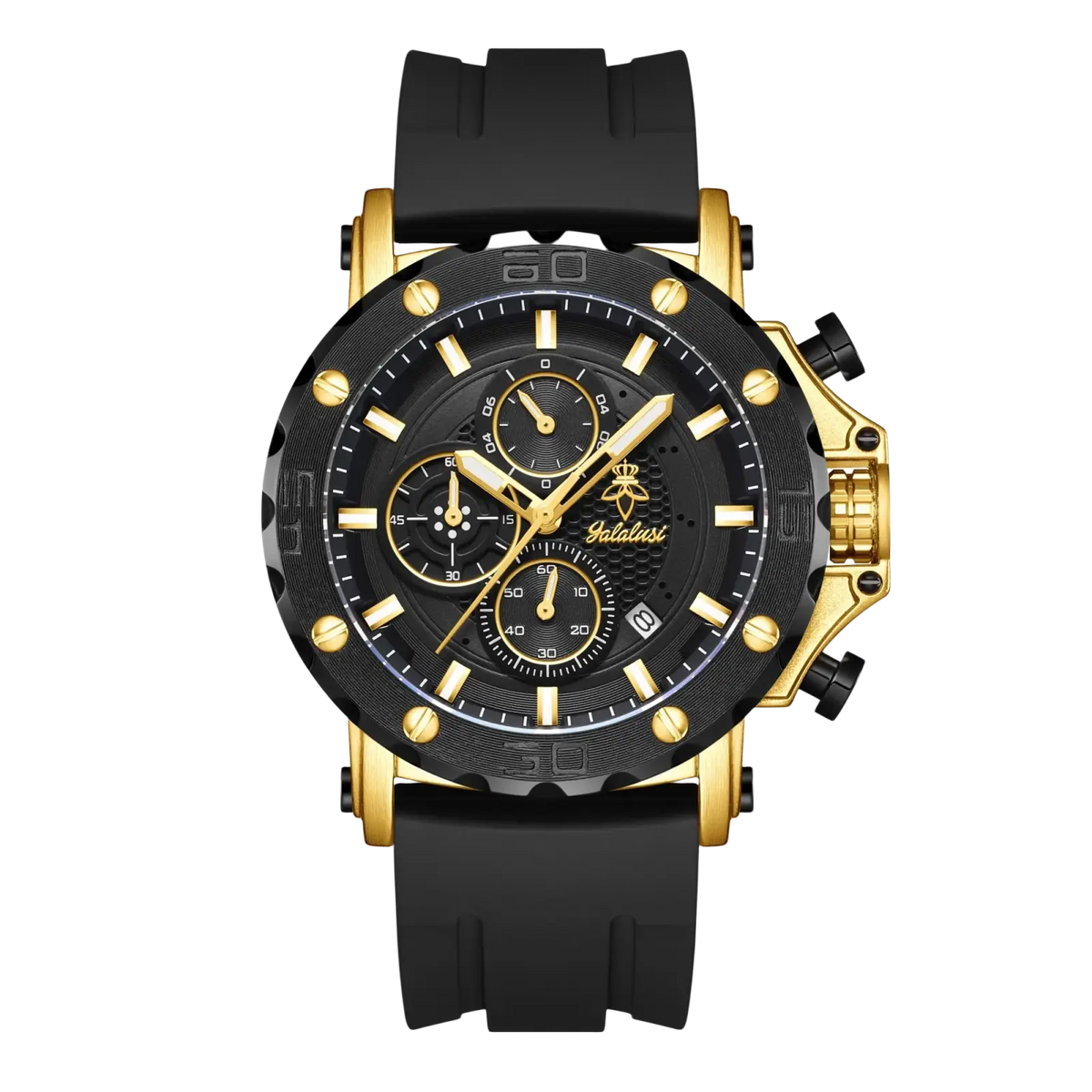 Black and gold gold tone sport chronograph watch with silicone rubber strap for active wear