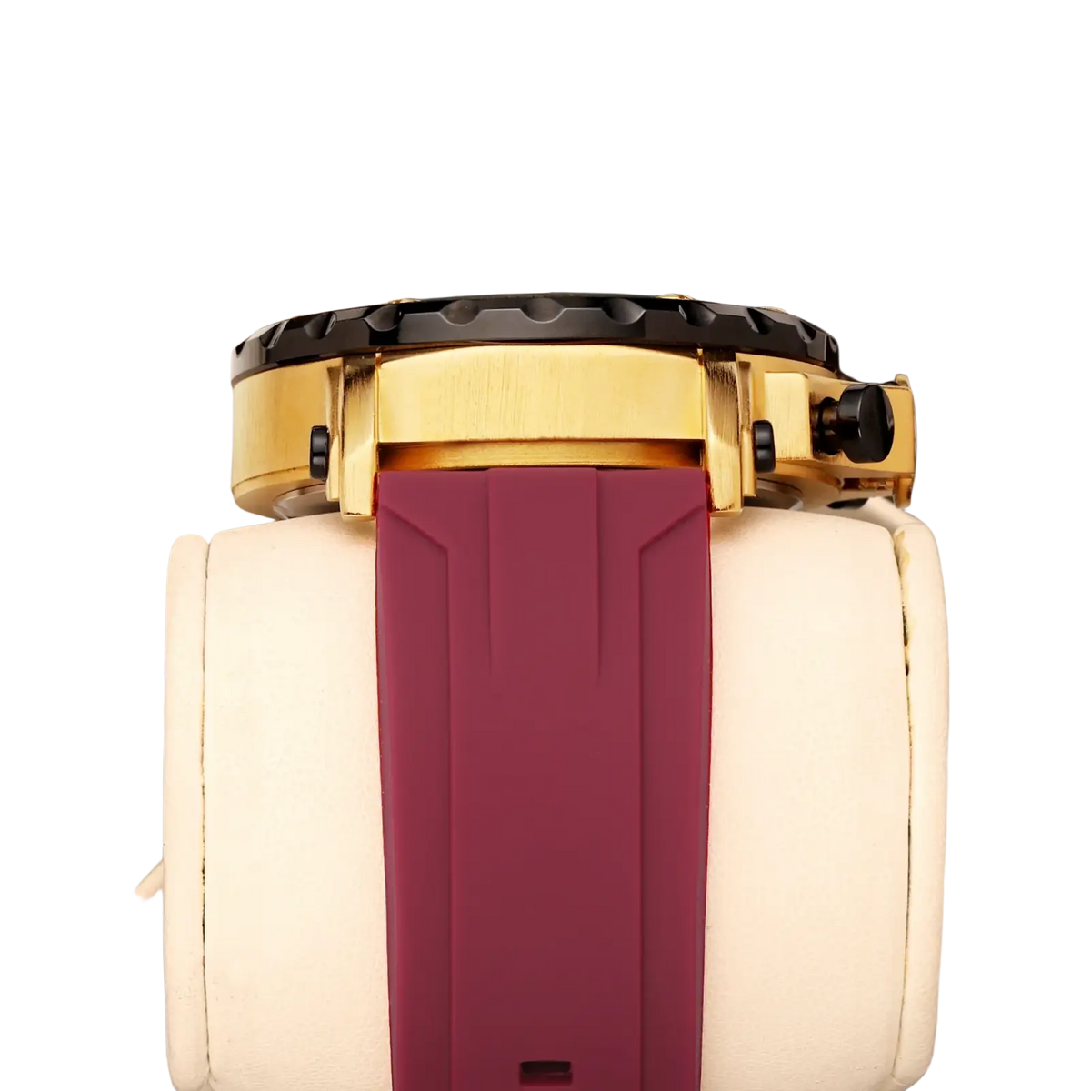 Gold tone sport watch with black bezel and burgundy silicone rubber strap featuring chronograph function