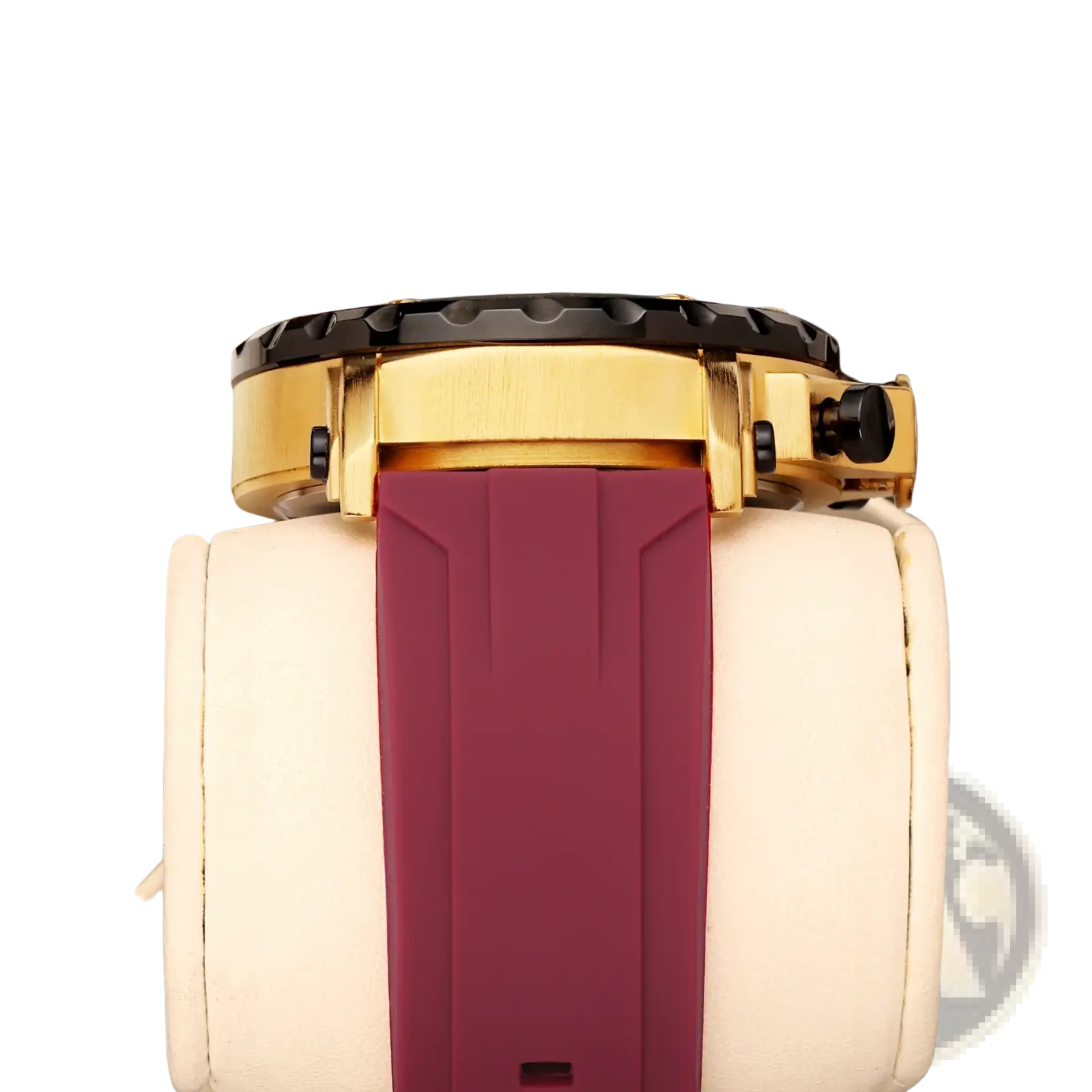 Gold tone sport watch with black bezel and burgundy silicone rubber strap featuring chronograph function
