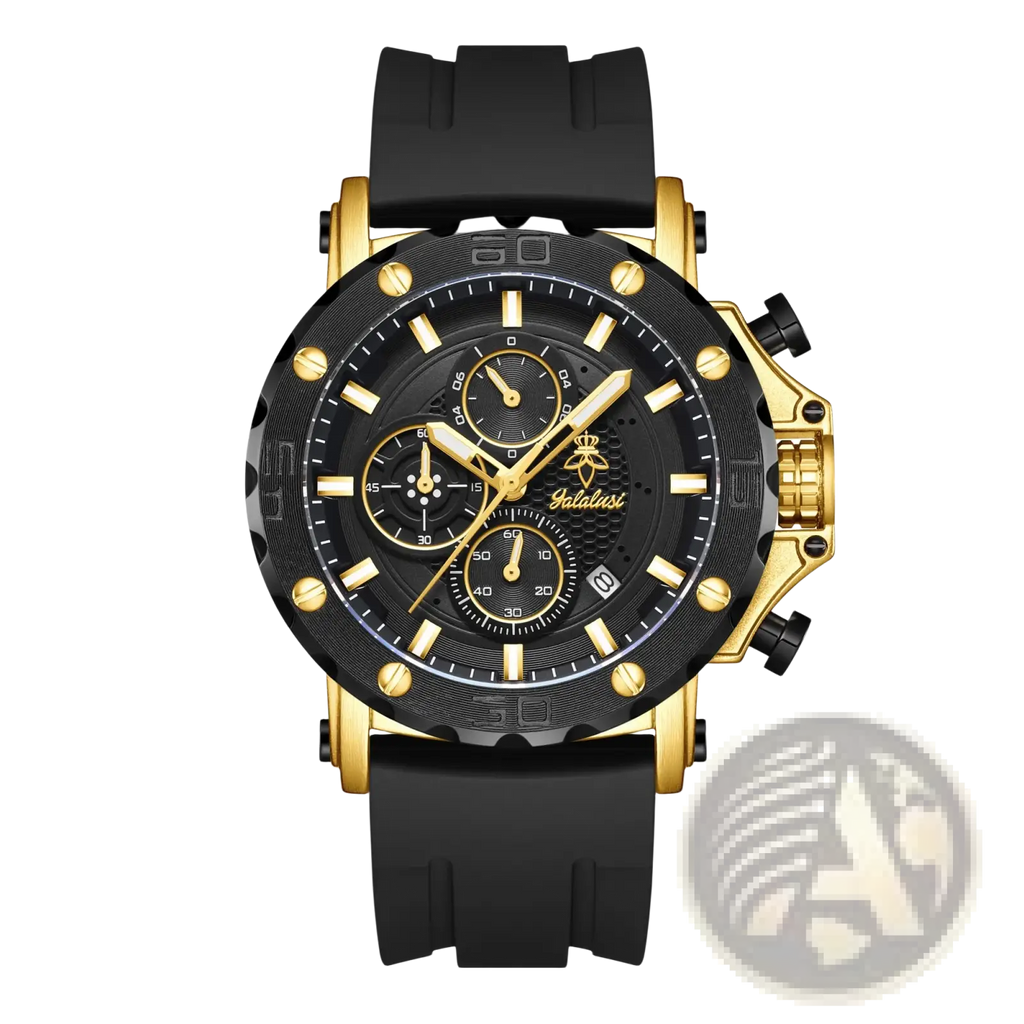 Black and gold gold tone sport chronograph watch with silicone rubber strap for active wear