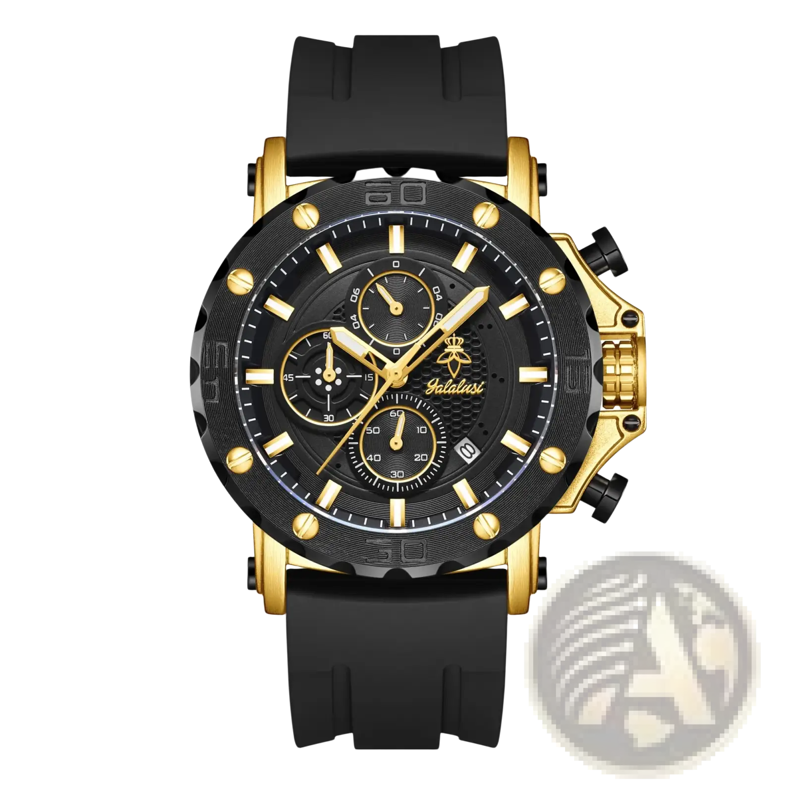 Black and gold gold tone sport chronograph watch with silicone rubber strap for active wear