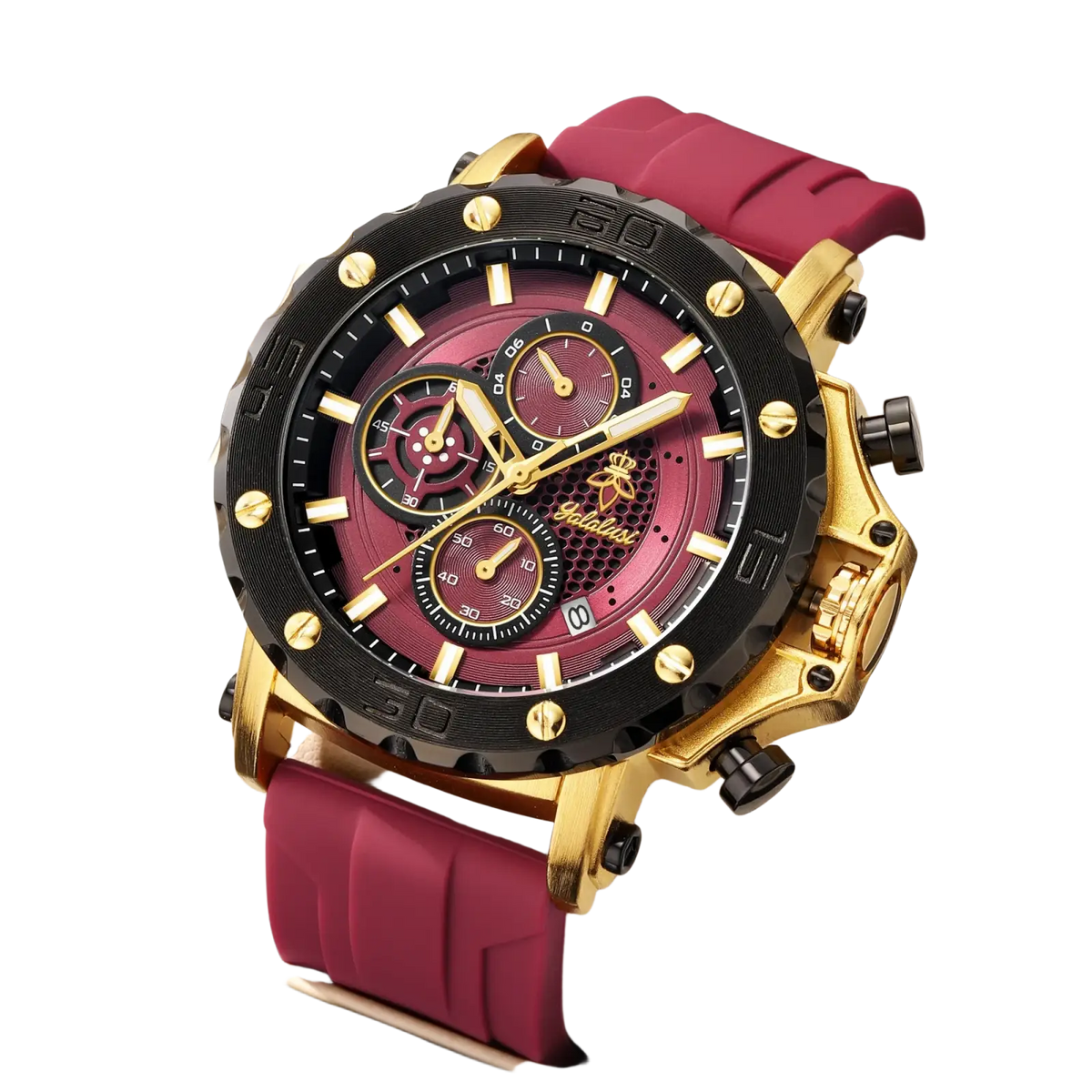 A gold tone sport watch chronograph with a black bezel, burgundy dial, bee emblem, and magenta silicone strap