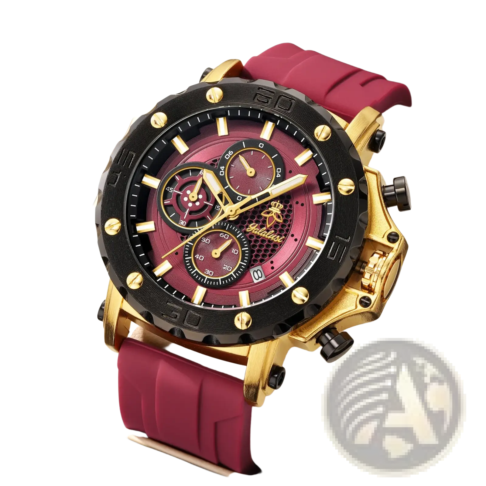 A gold tone sport watch chronograph with a black bezel, burgundy dial, bee emblem, and magenta silicone strap