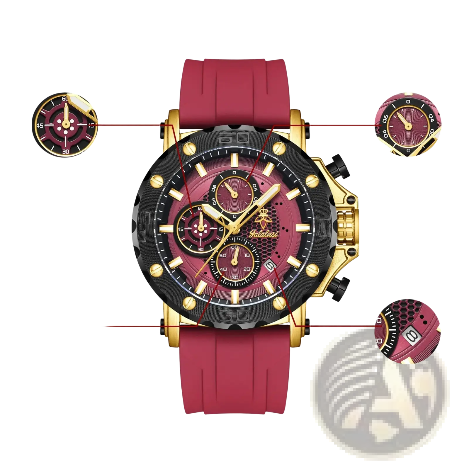 Gold tone sport watch with bold red and gold chronograph, black textured dial, three subdials, and silicone strap