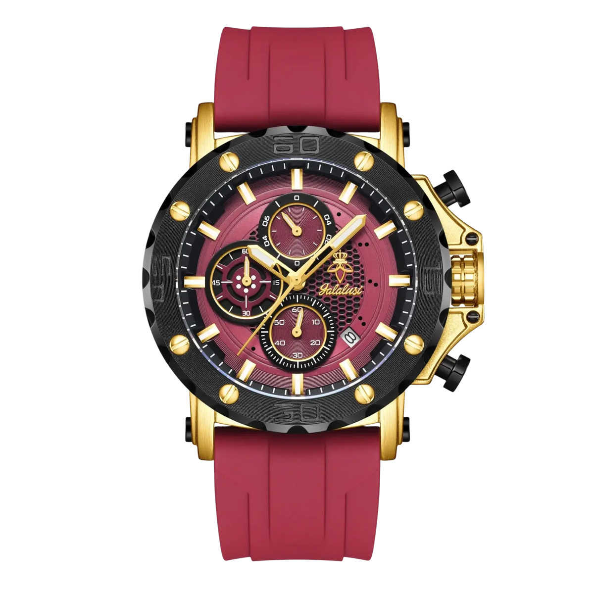 Gold tone sport watch chronograph with bold red and gold dial, textured black bezel, and silicone strap