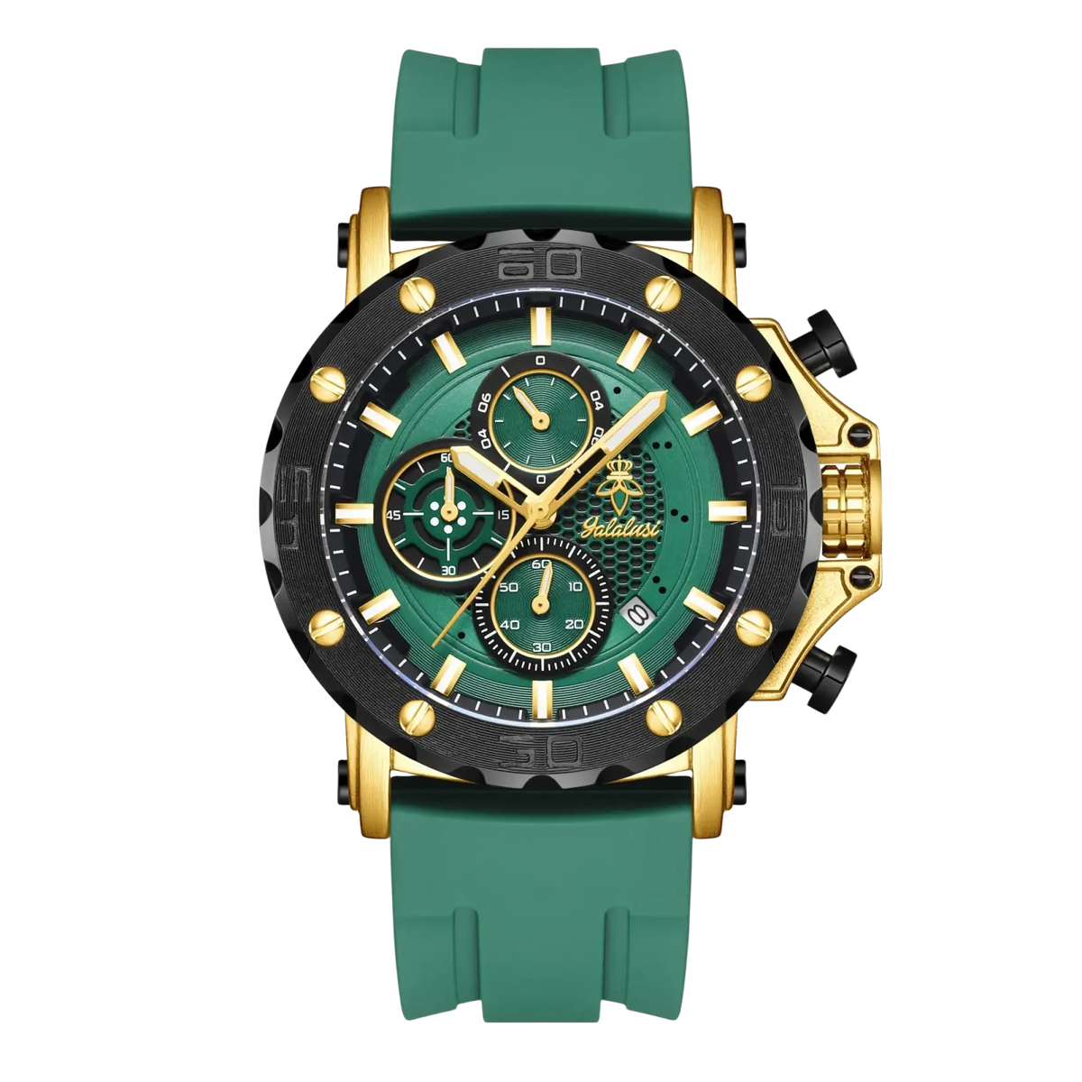 Gold tone sport chronograph watch with green dial and silicone rubber strap for active use
