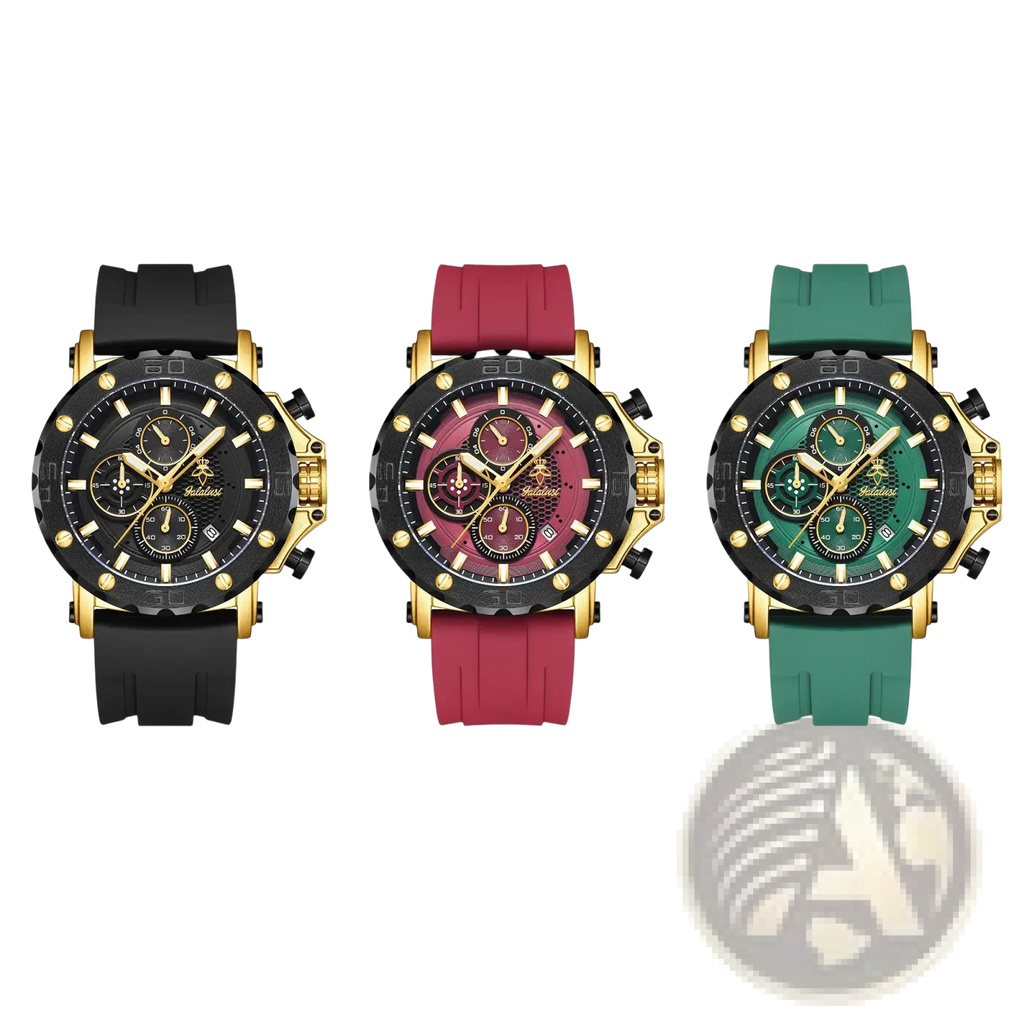 Three gold tone sport watch chronographs with silicone straps in black red and green for active use