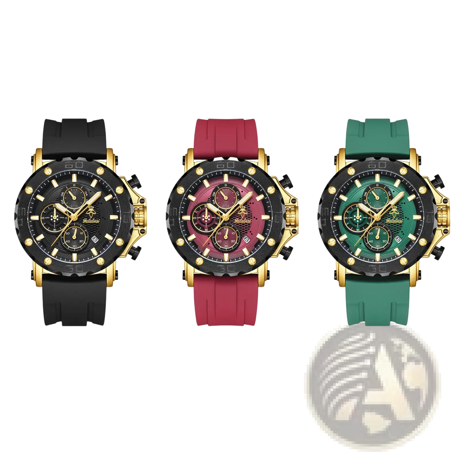 Three gold tone sport watch chronographs with silicone straps in black red and green for active use