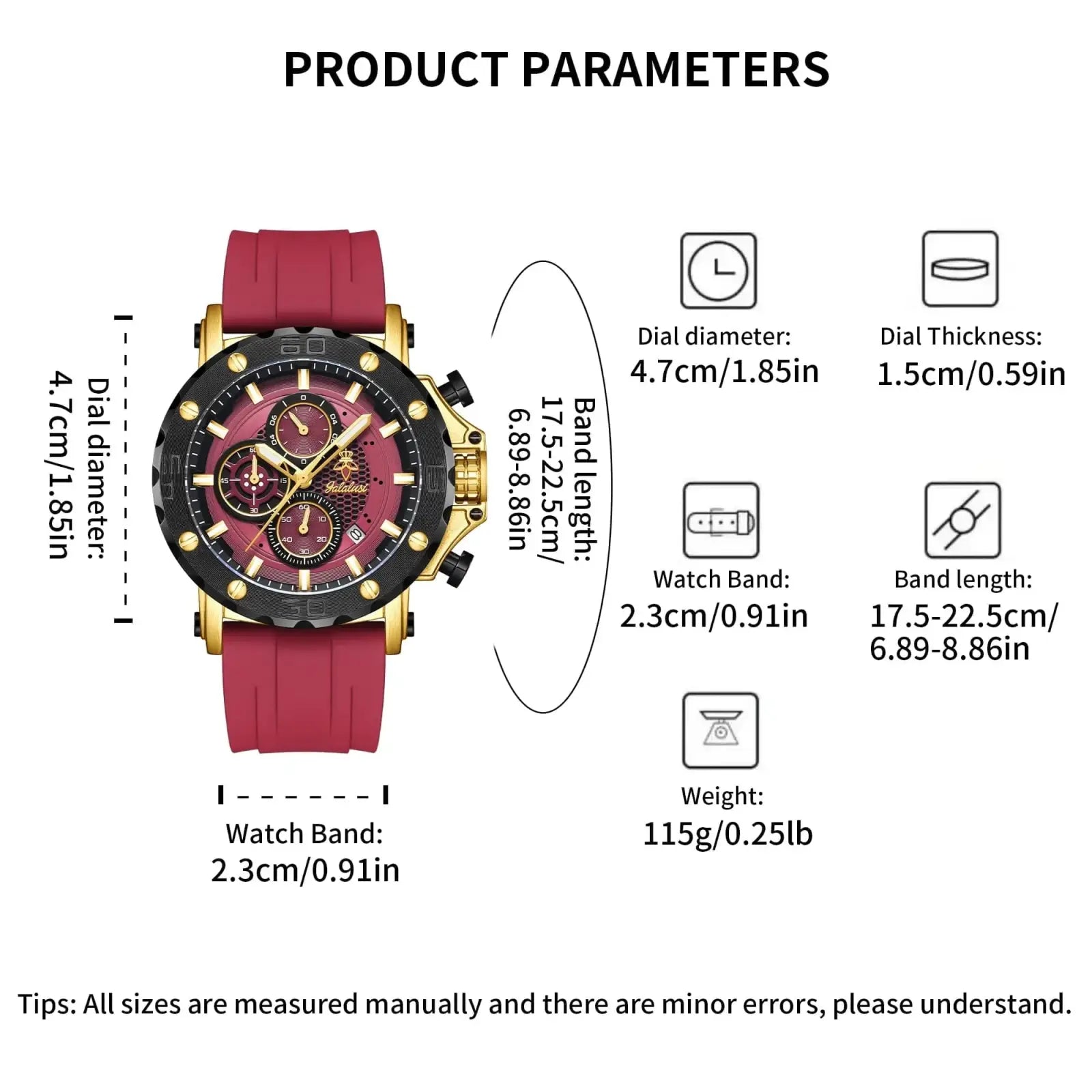 Gold tone sport watch with vibrant red silicone strap and multi-layered dial featuring black accents and gold-tone markers