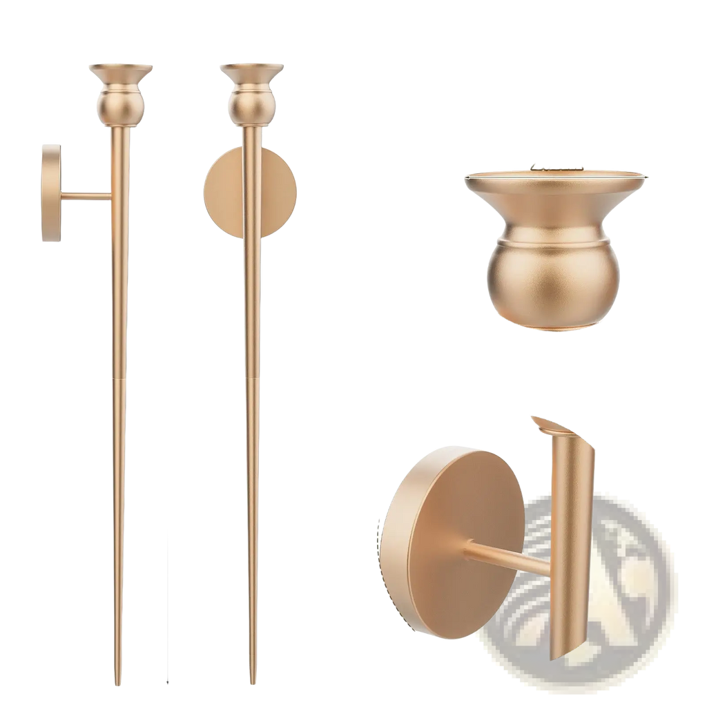 Gold wall sconce with battery operated candle featuring an extra large seat gold candle holder with polished metal finish