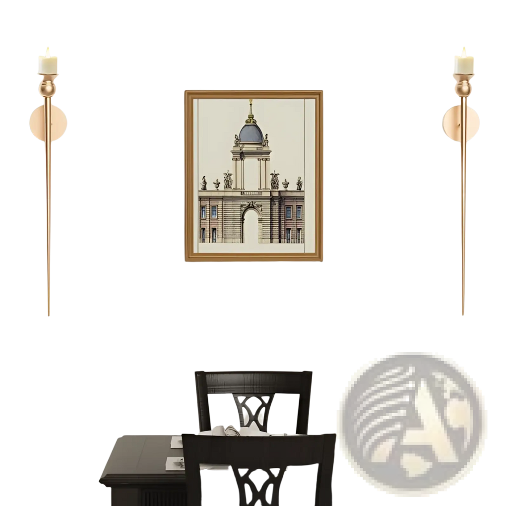 A gold wall sconce with battery operated candle featuring a framed architectural illustration with a blue dome