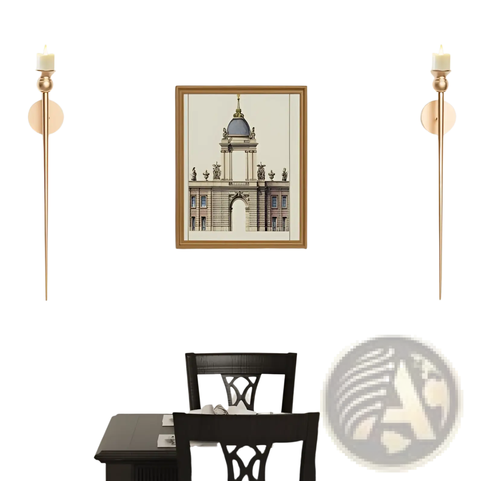 A gold wall sconce with battery operated candle featuring a framed architectural illustration with a blue dome