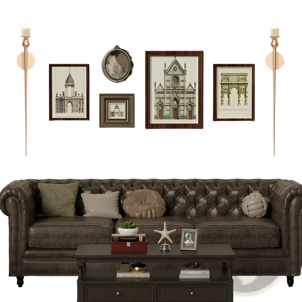 Dark brown tufted leather chesterfield sofa with decorative pillows and nailhead trim featured with gold wall sconce with battery operated candle 33 inch