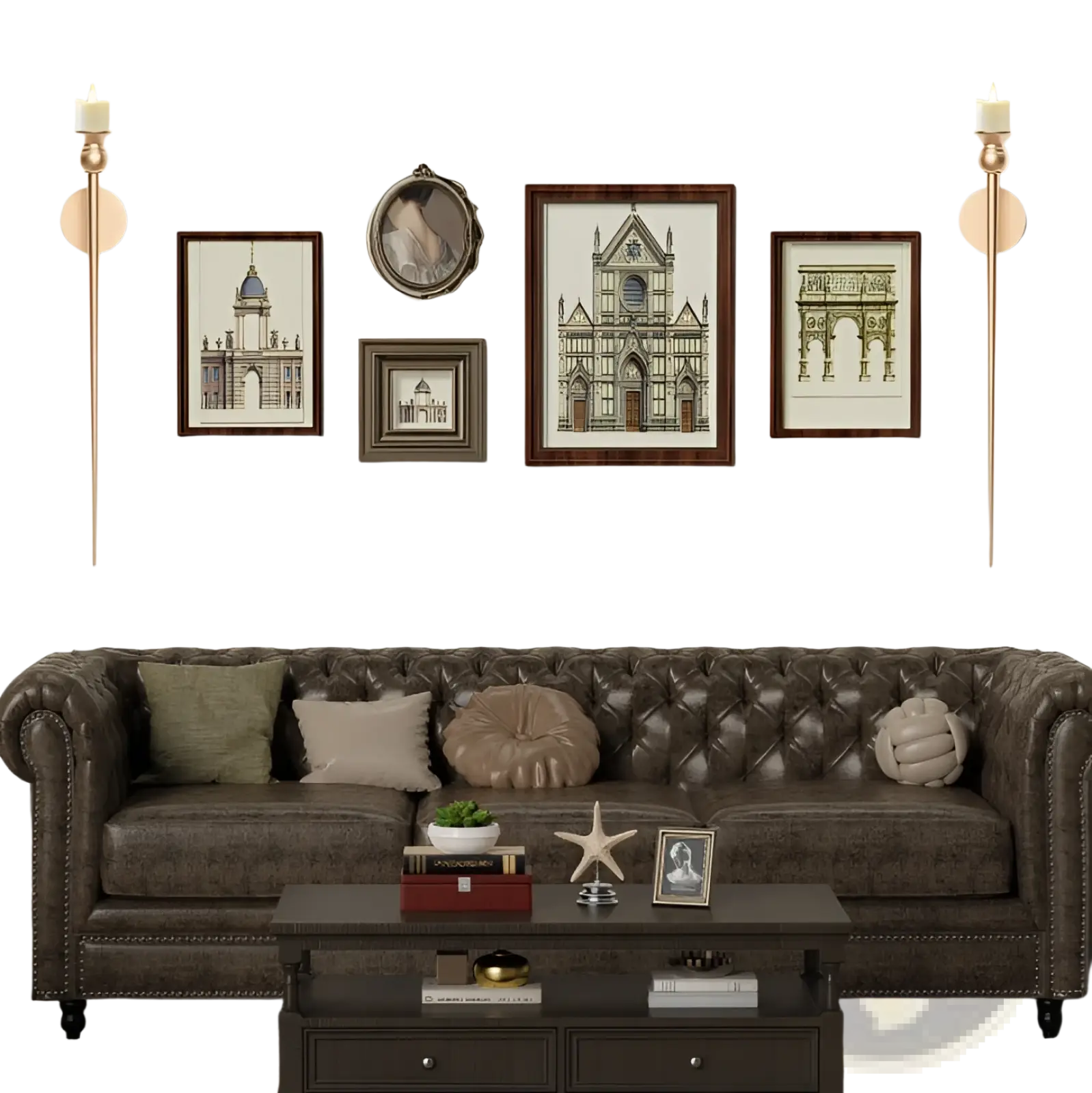 Dark brown tufted leather chesterfield sofa with decorative pillows and nailhead trim featured with gold wall sconce with battery operated candle 33 inch