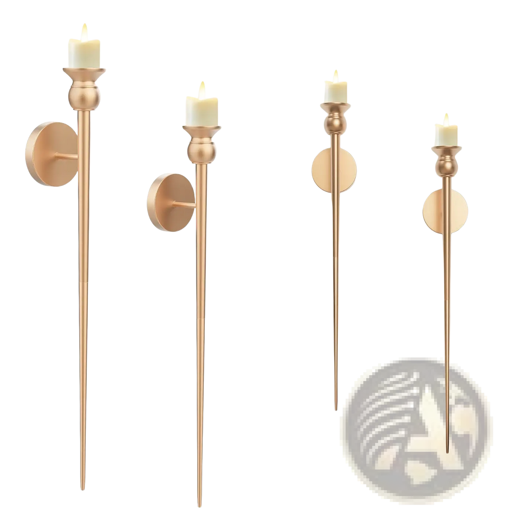 Gold wall sconce with battery operated candle features gold-toned metal with slender stems and circular backplates