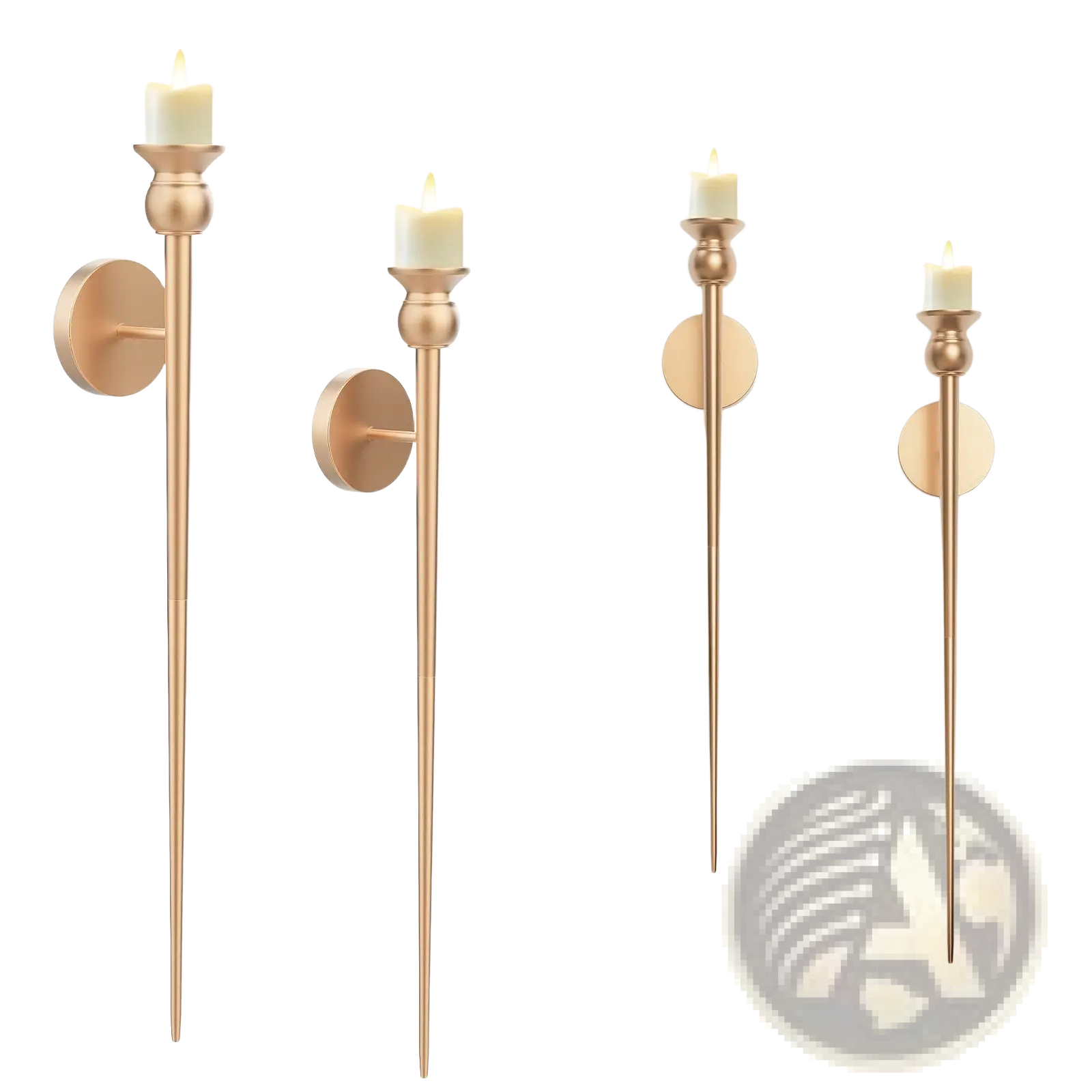 Gold wall sconce with battery operated candle features gold-toned metal with slender stems and circular backplates