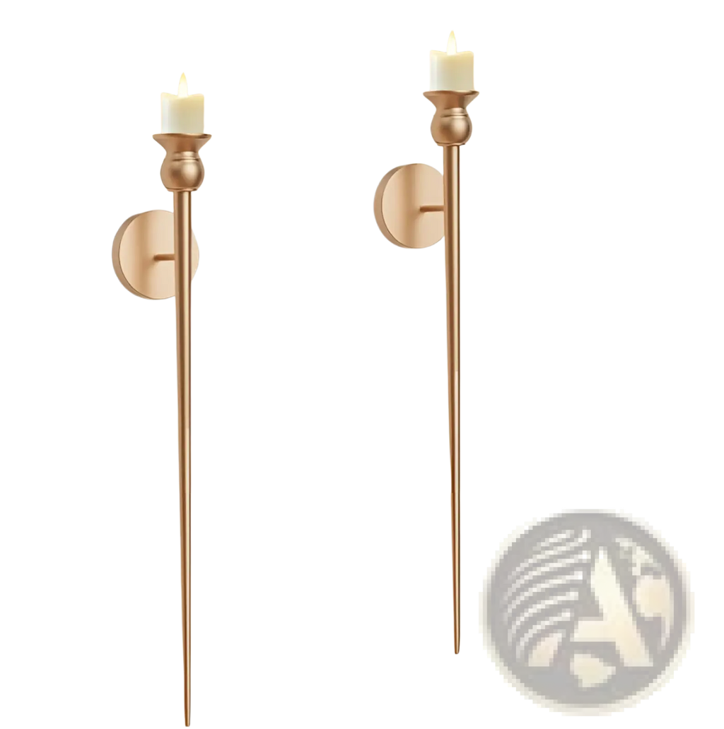 Gold wall sconce with battery operated white candle features a gold toned elongated stem and circular backplate design