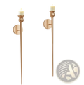 Gold wall sconce with battery operated white candle features a gold toned elongated stem and circular backplate design
